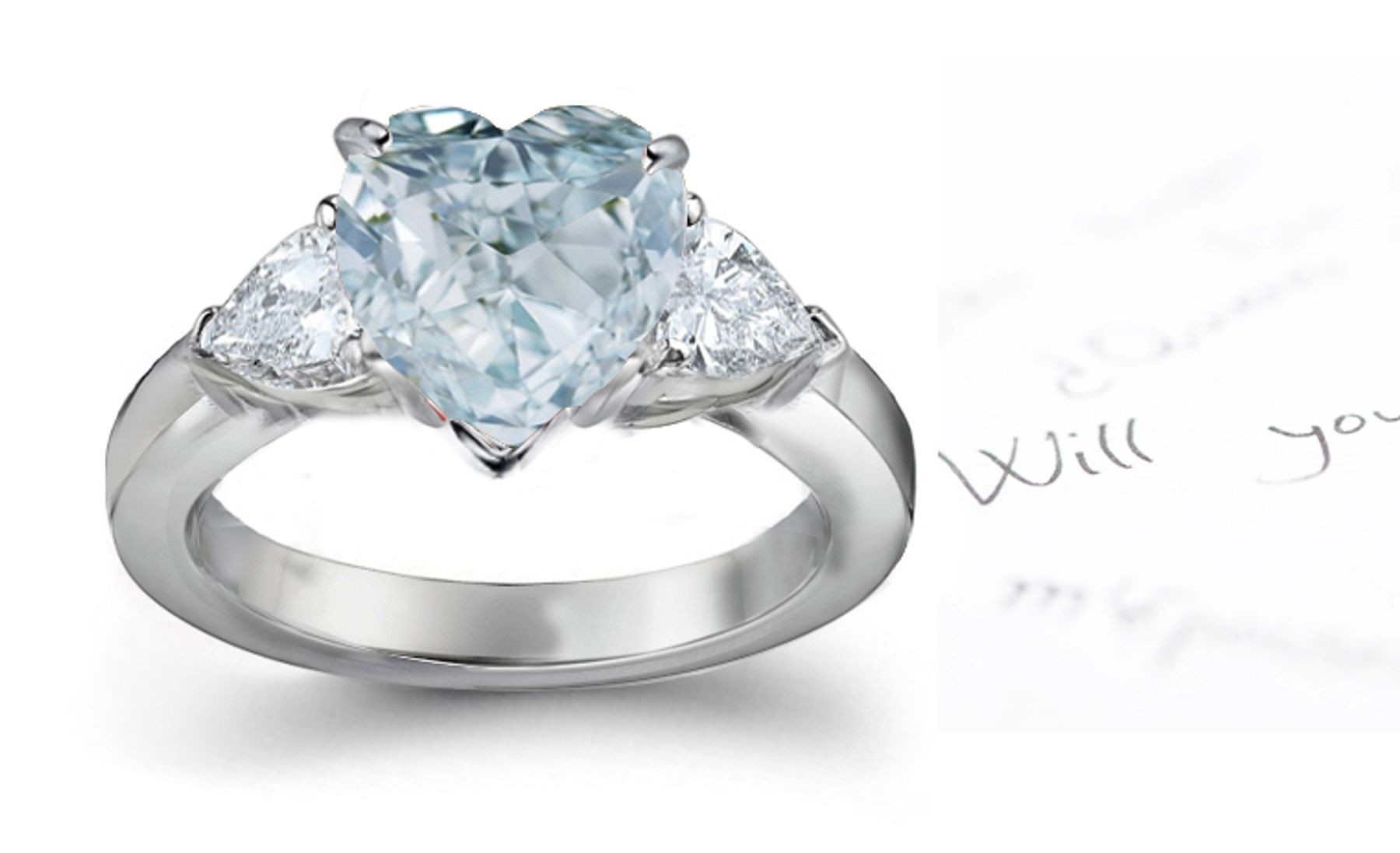 Rare Center Heart Blue Diamond & Pears White Diamonds Accents Engagement Ring in Platinum Mounting White Gold