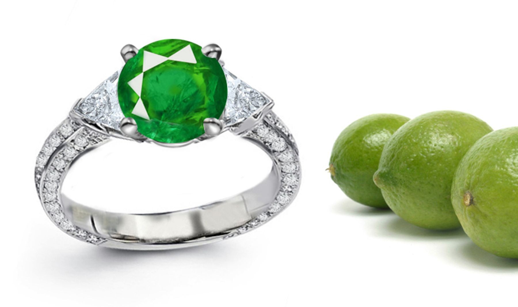 Three-stone Diamond Rings: This Striking Gold 3 Stone Trillion Micropave Diamond & Emerald Halo Ring Emits Glow & Shines