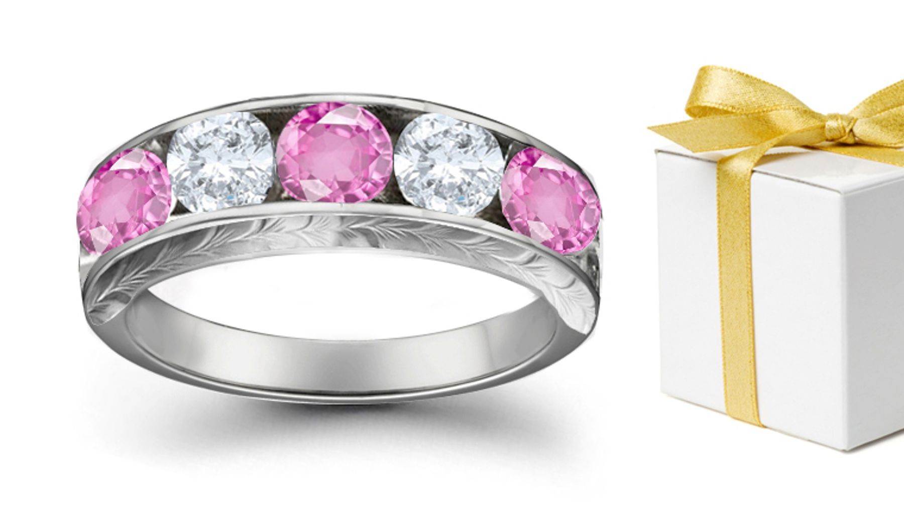 Pink Sapphire With White Diamond Five Stone Rings