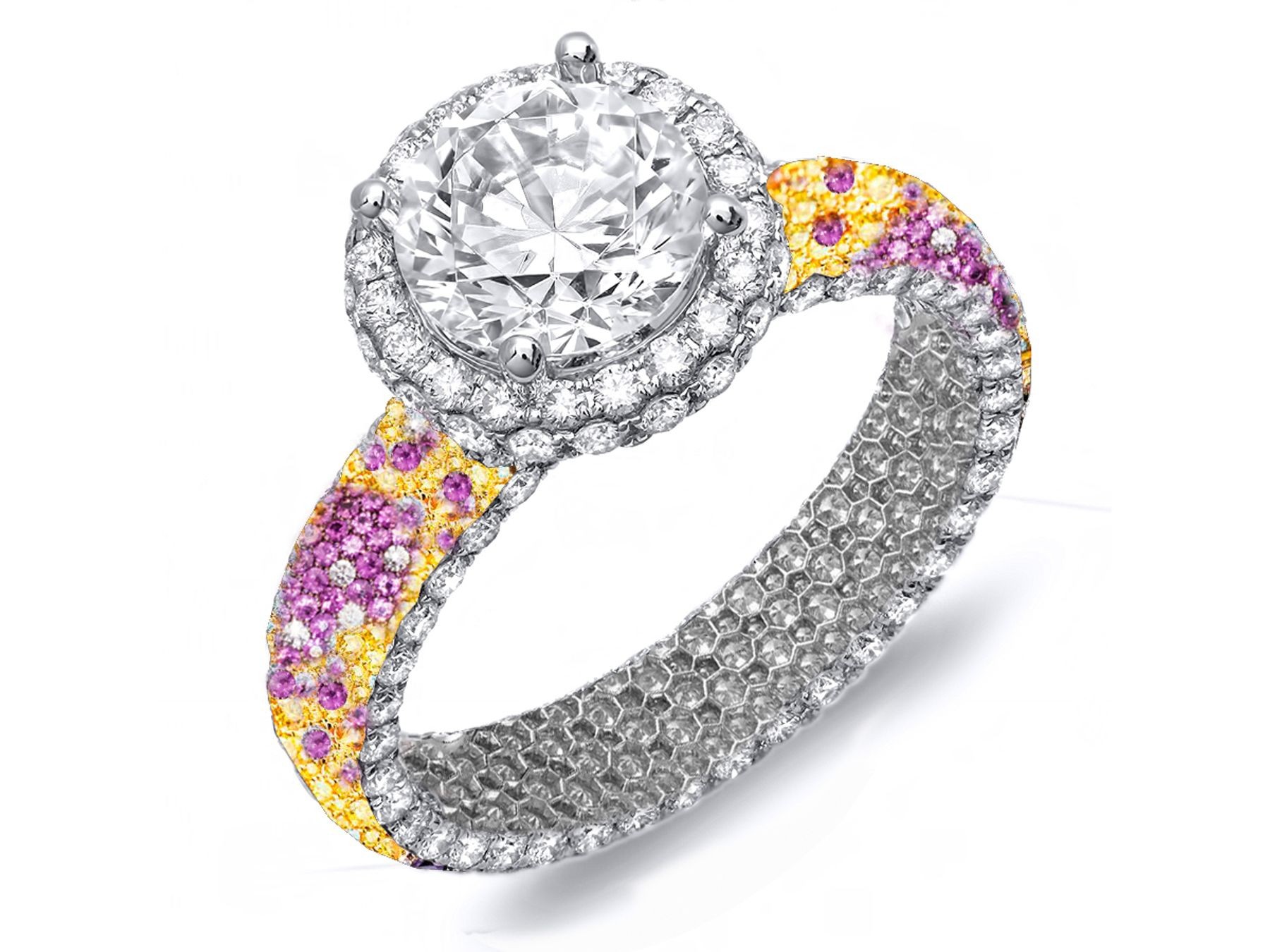 Browse Micro Pave Cluster Diamond & Multi-Colored Precious Stones Rubies, Emeralds & Blue, Pink, Purple, Yellow Sapphires