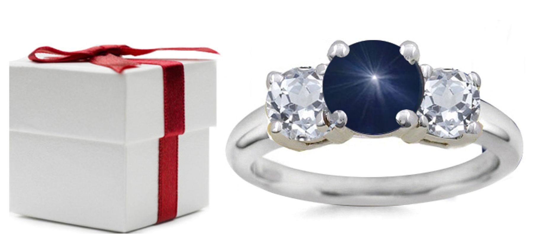 Round Blue Sapphire Three Stone Sapphire Engagement Ring with Round Diamonds in 14k White Gold 