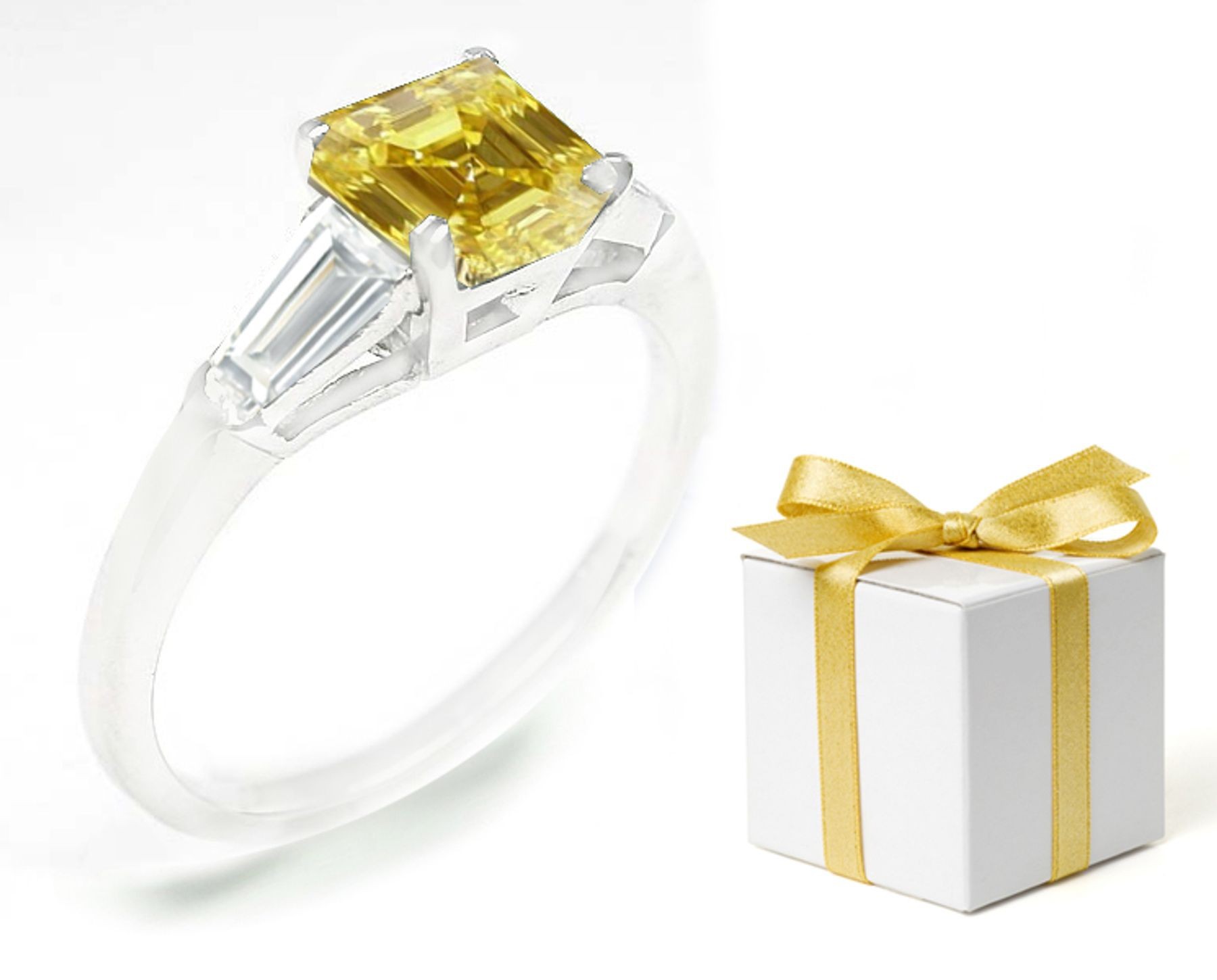 Emerald-Cut Yellow Sapphire with Fancy Diamonds in 14k Gold Sapphire Diamond Ring (7x5 mm)