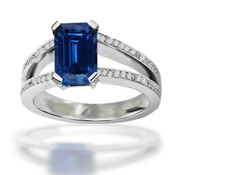 Purfiled With Pelure: Finest Gold Pave Set Diamond Split Shank Sapphire Emerald Cut Ring