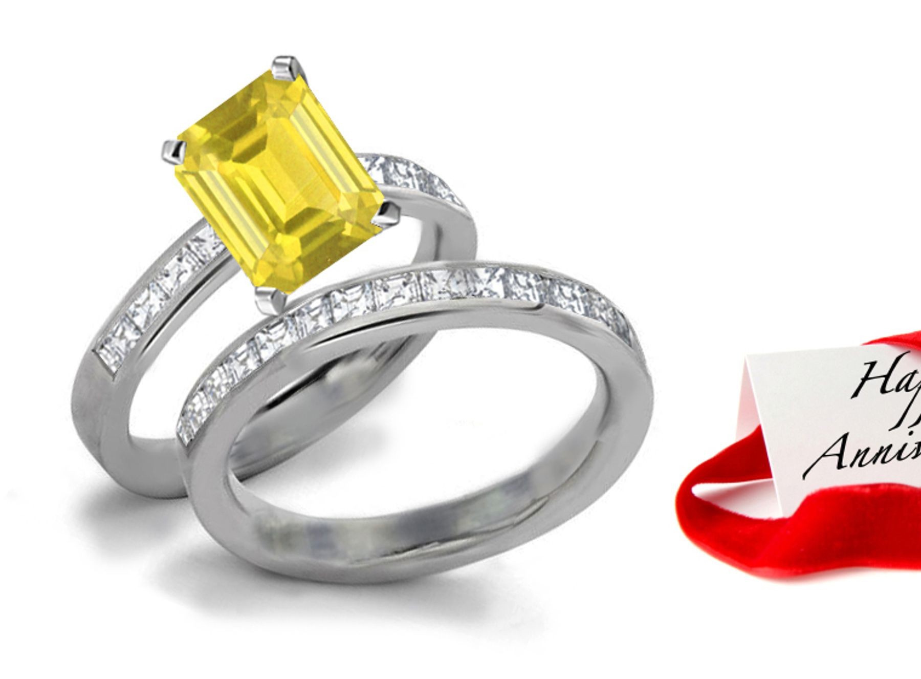 Design & Style: Lively Bright Yellow Sapphire & Sparkling Diamond Engagement & Wedding Bands