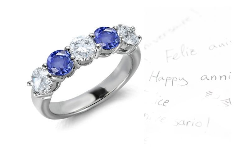 5 Stone Prong Set Sapphire & Diamond Anniversary Ring