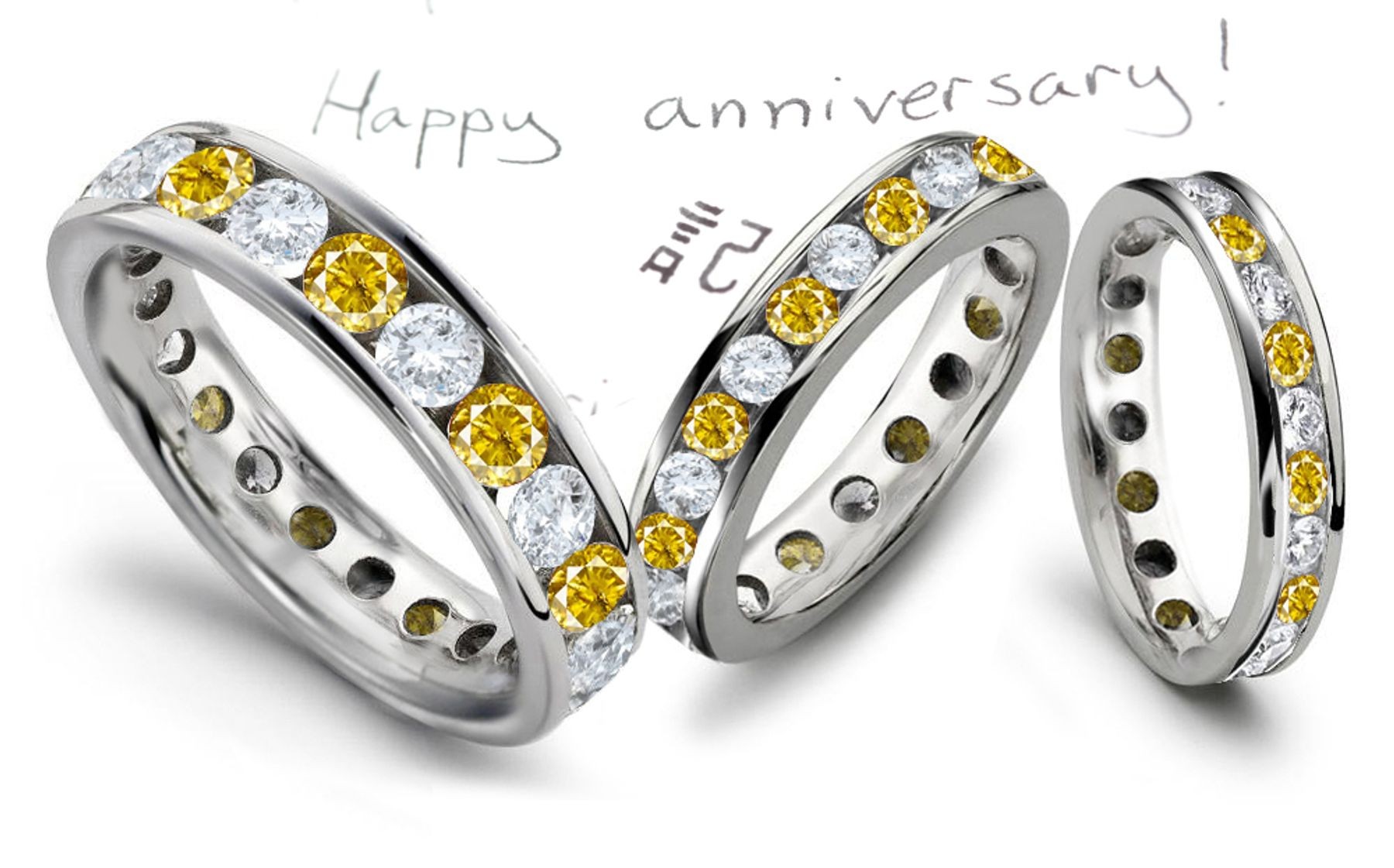 Round Diamonds & Lively Yellow Sapphire Eternity Wedding Anniversary Rings
