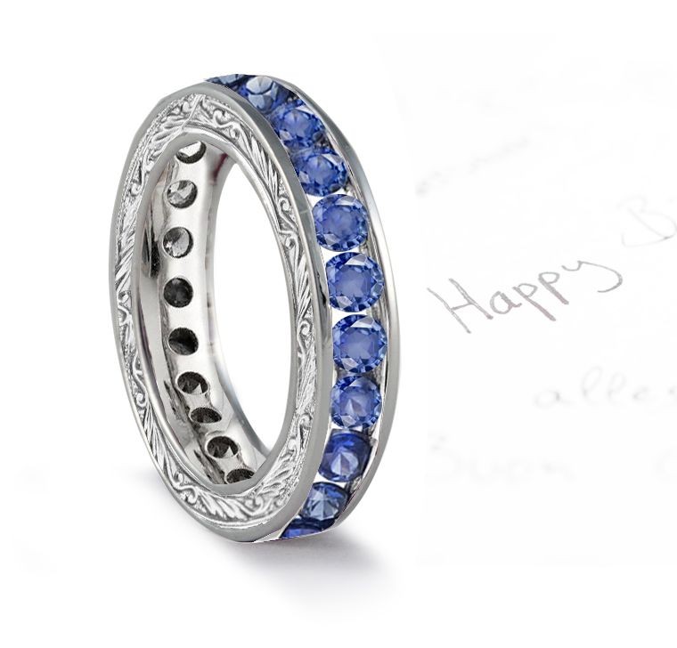 Feel Special Vibrant, Saturated Color Sapphire Engraved Wedding Band in Gold