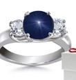 Round Oval Blue Sapphire Three Stone Engagement Ring with Round Diamonds in 14k White Gold