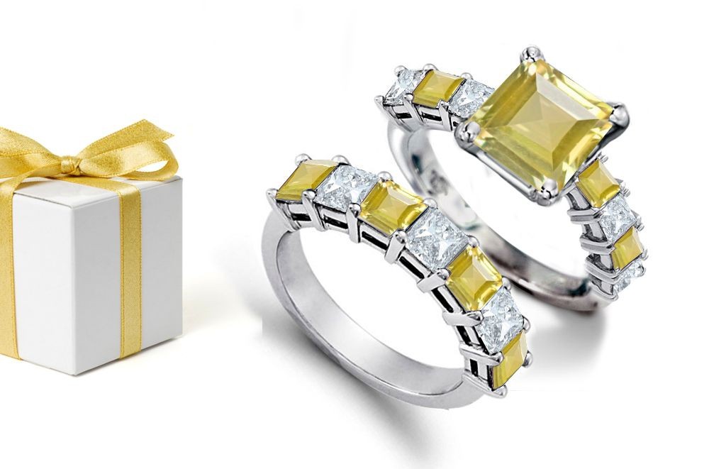 The Sapphire on Ring-Finger: Sapphire Square Yellow Stone & White Diamond Women's Ring