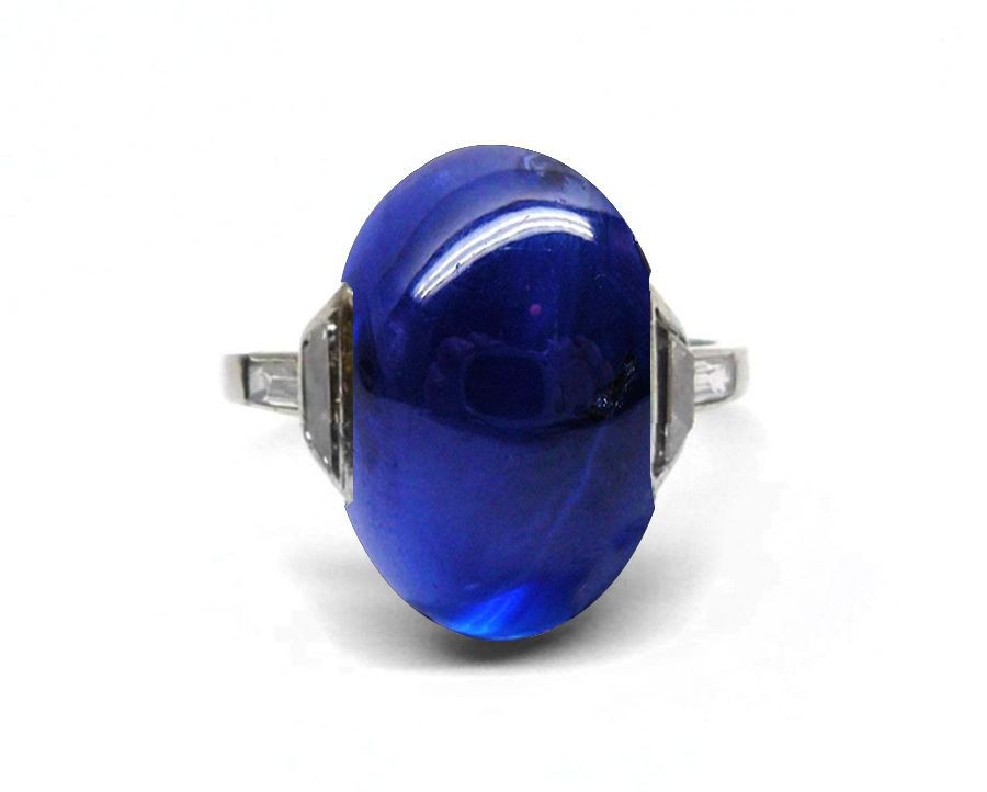 Edwardian, Belle Epoque, Platinum, Bright Ocean Blue, Luscious Blue, Deeply Saturated Sapphire Cabochon