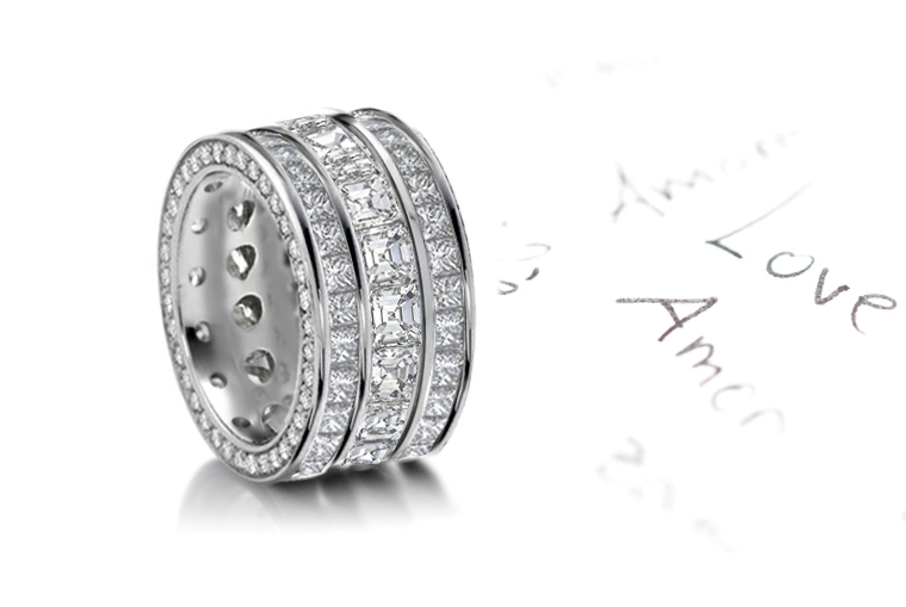 Three Rows of Sparkling Diamond Wedding Bands in Platinum & 14k Gold