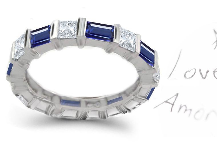 Princess Cut Diamond & Baguette Sapphire Ring in Platinum Size 6