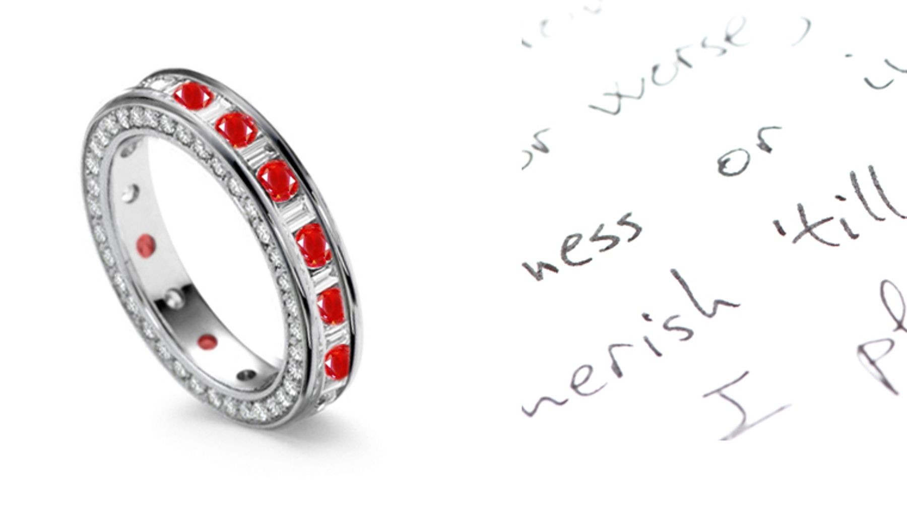 Perfection: Baguette Diamond & Well Cut Round Ruby Eternity Ring with Diamond Sprinkled Sides