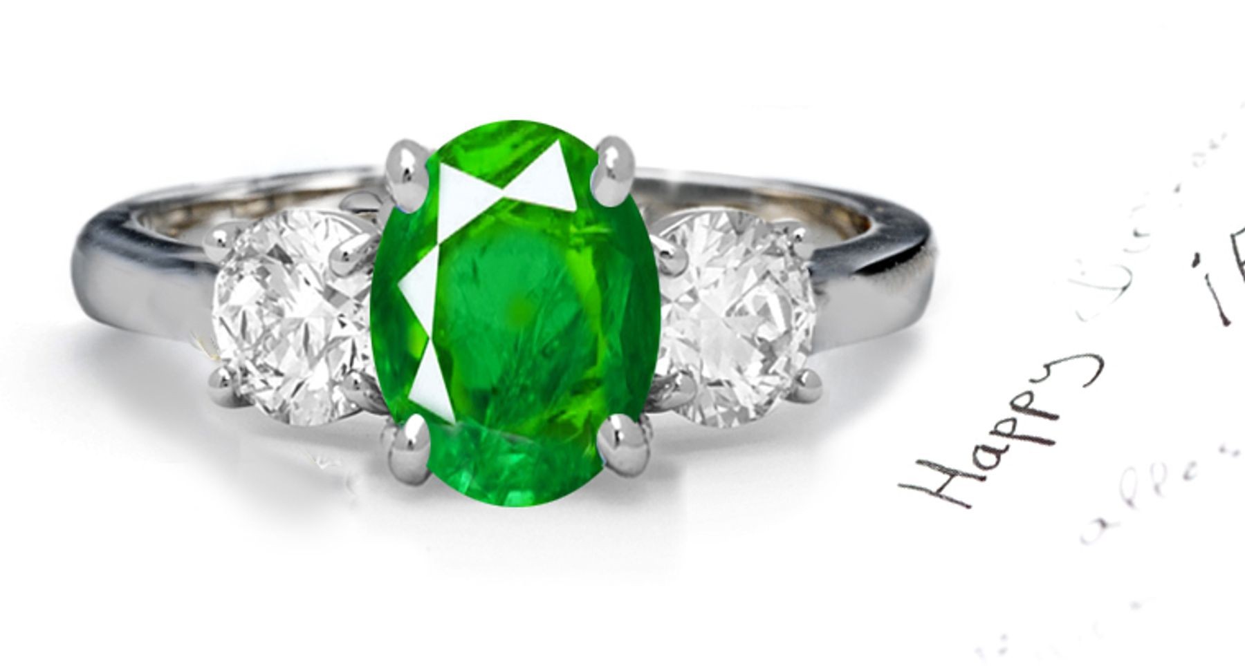 Rich-Color: Truly Classic 3 Stone Oriental Created Oval Emerald & Round Diamond Ring in not only Platinum but in Gold Also