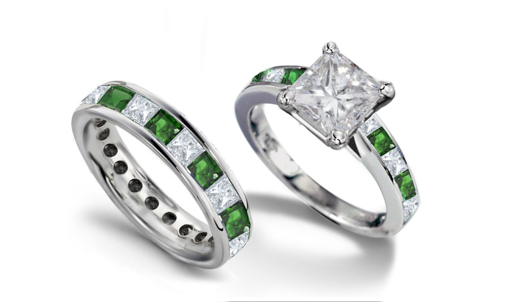 Extra-Bright Princess Cut Diamond & Green Emerald Square Ring & Princess Cut Band