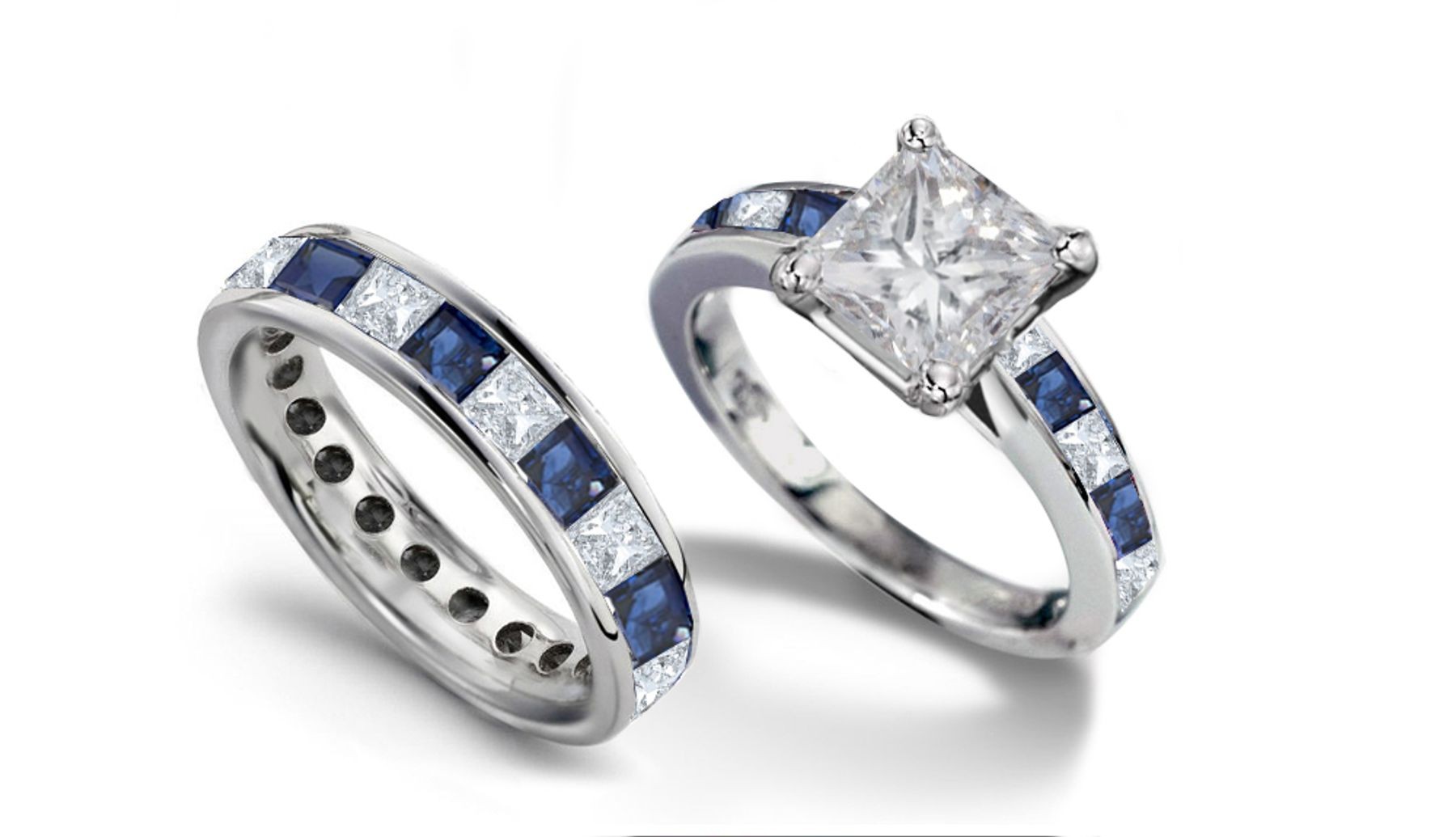 Princess Cut Diamond & Blue Sapphire Engagement Ring & Matching Gold Band