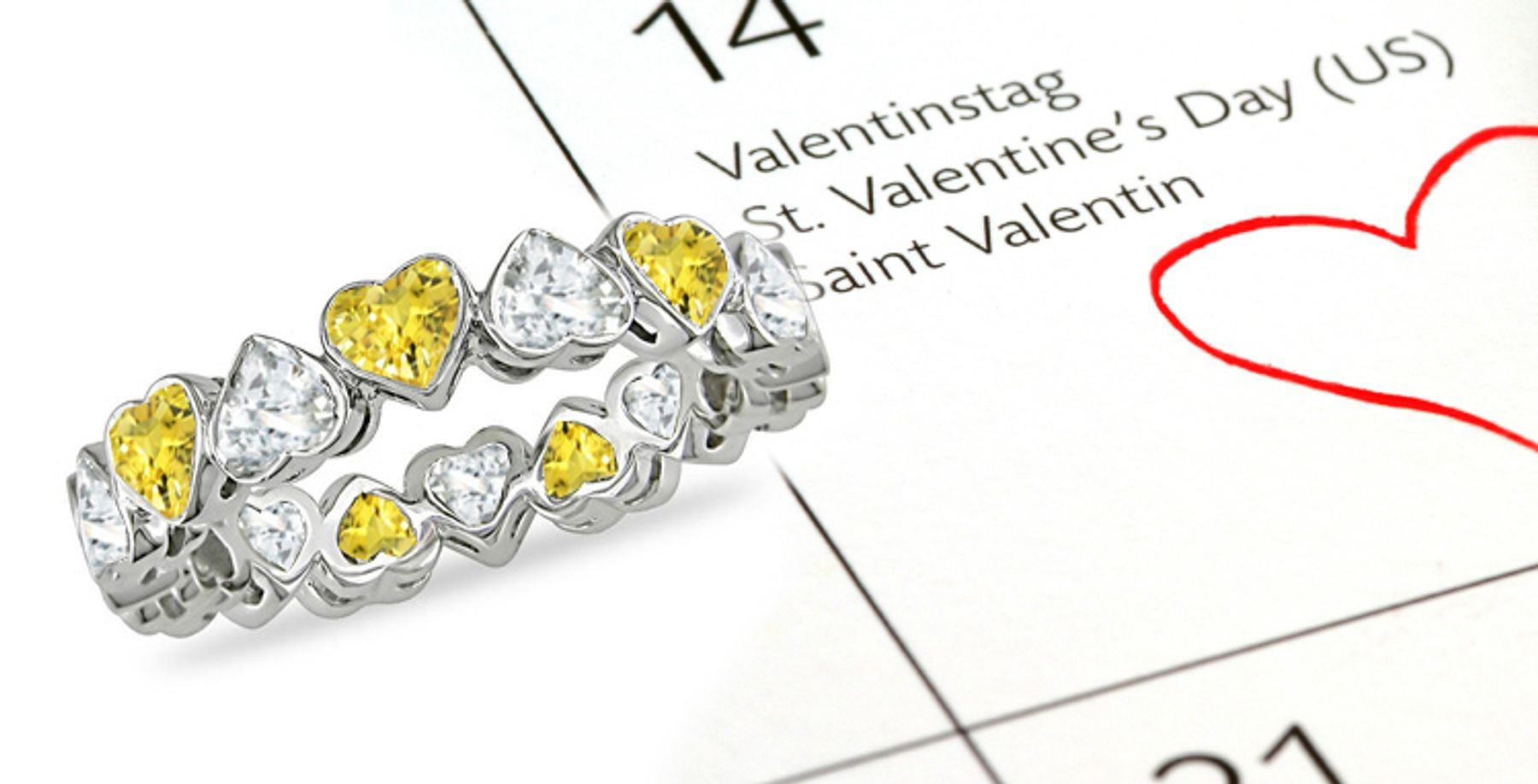 Yellow Sapphire Hearts & Diamond Hearts Stylish Unique Eternity Rings