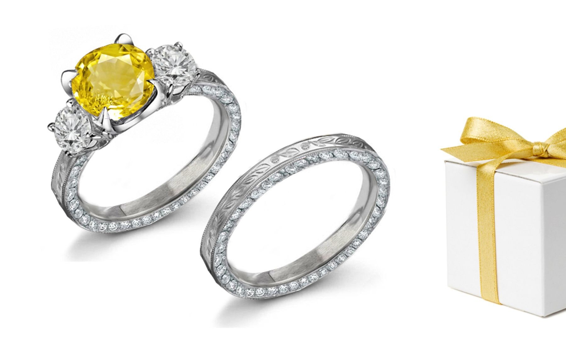 Hand Engraved: Yellow Sapphire & Diamond Ring
