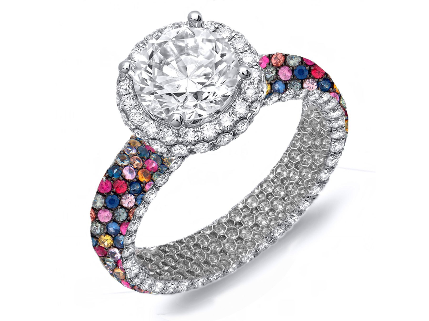 Delicate Micro Pave Cluster Diamond & Multi-Colored Precious Stones Rubies, Emeralds & Blue, Pink, Purple, Yellow Sapphires