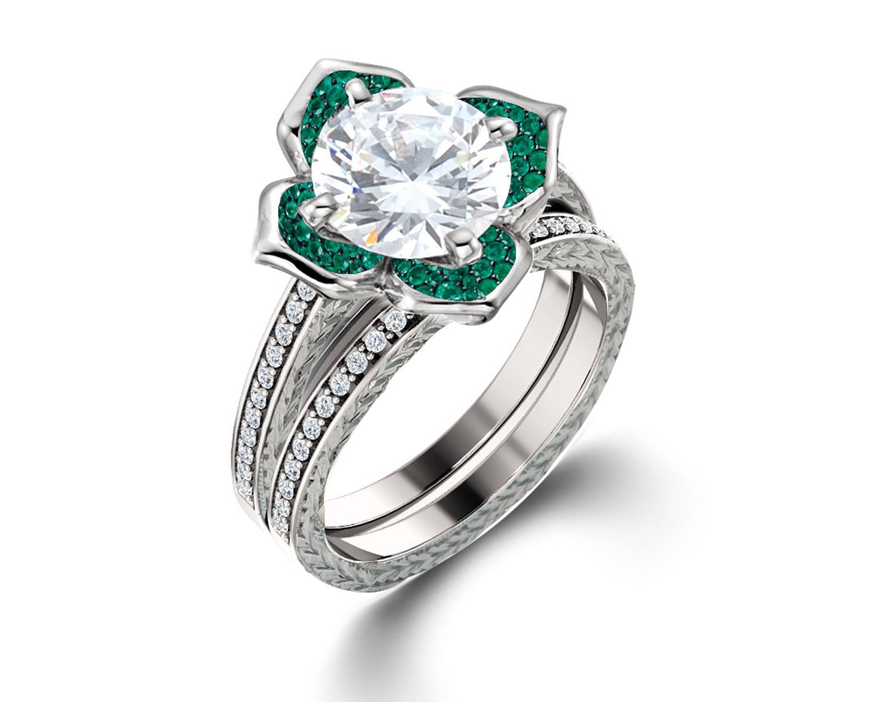 Delicate Micro Pave Halo Vivid Flower Bloom Green Emerald & Diamond Engagement Rings