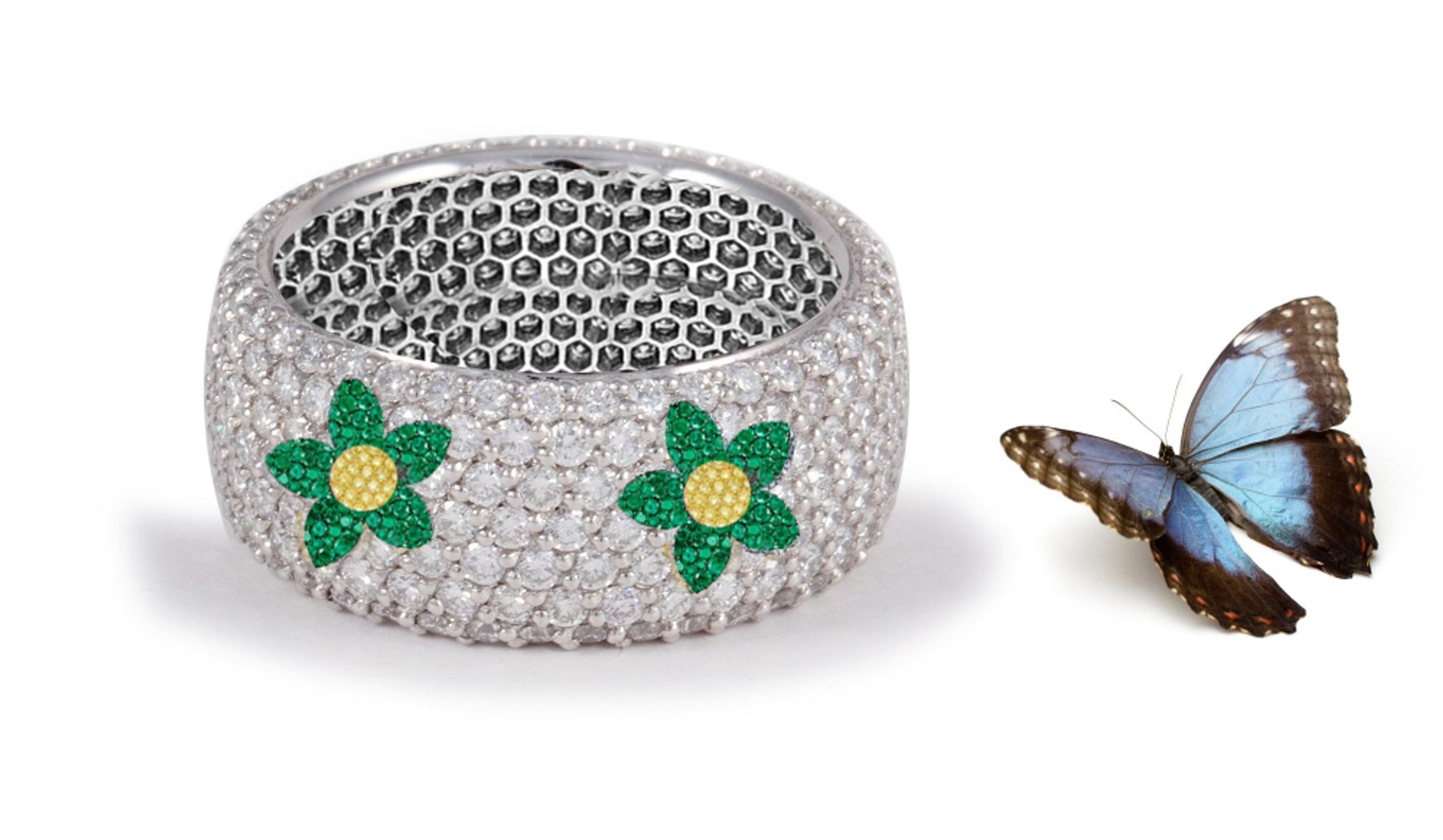 Latest Collection: Delicate Halo Micropave Flower Green Emeralds Eternity Wedding Anniversary Rings