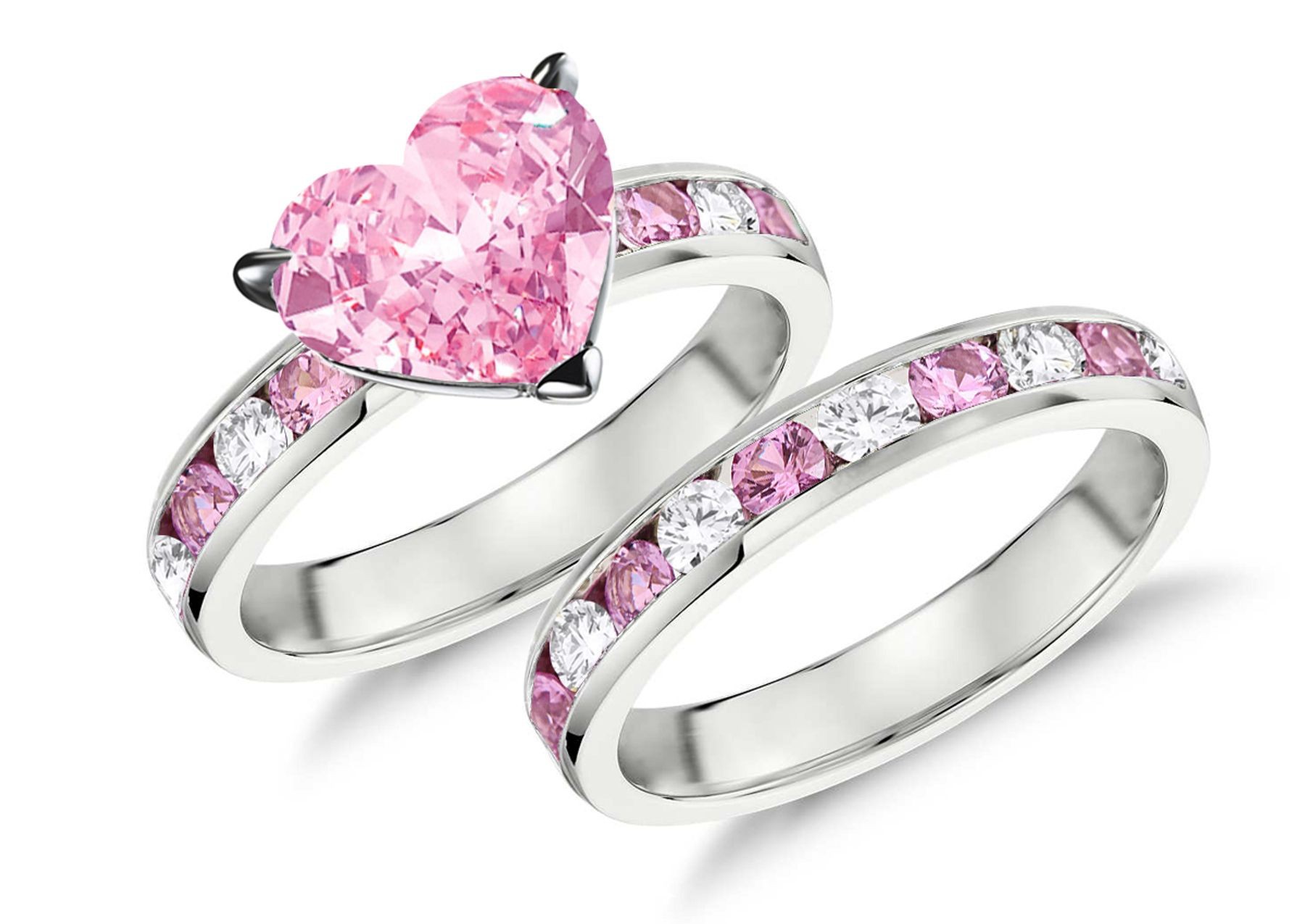 Handcrafted Pink Sapphire & Diamond Engagement Ring & Wedding Anniversary Band Bridal Set