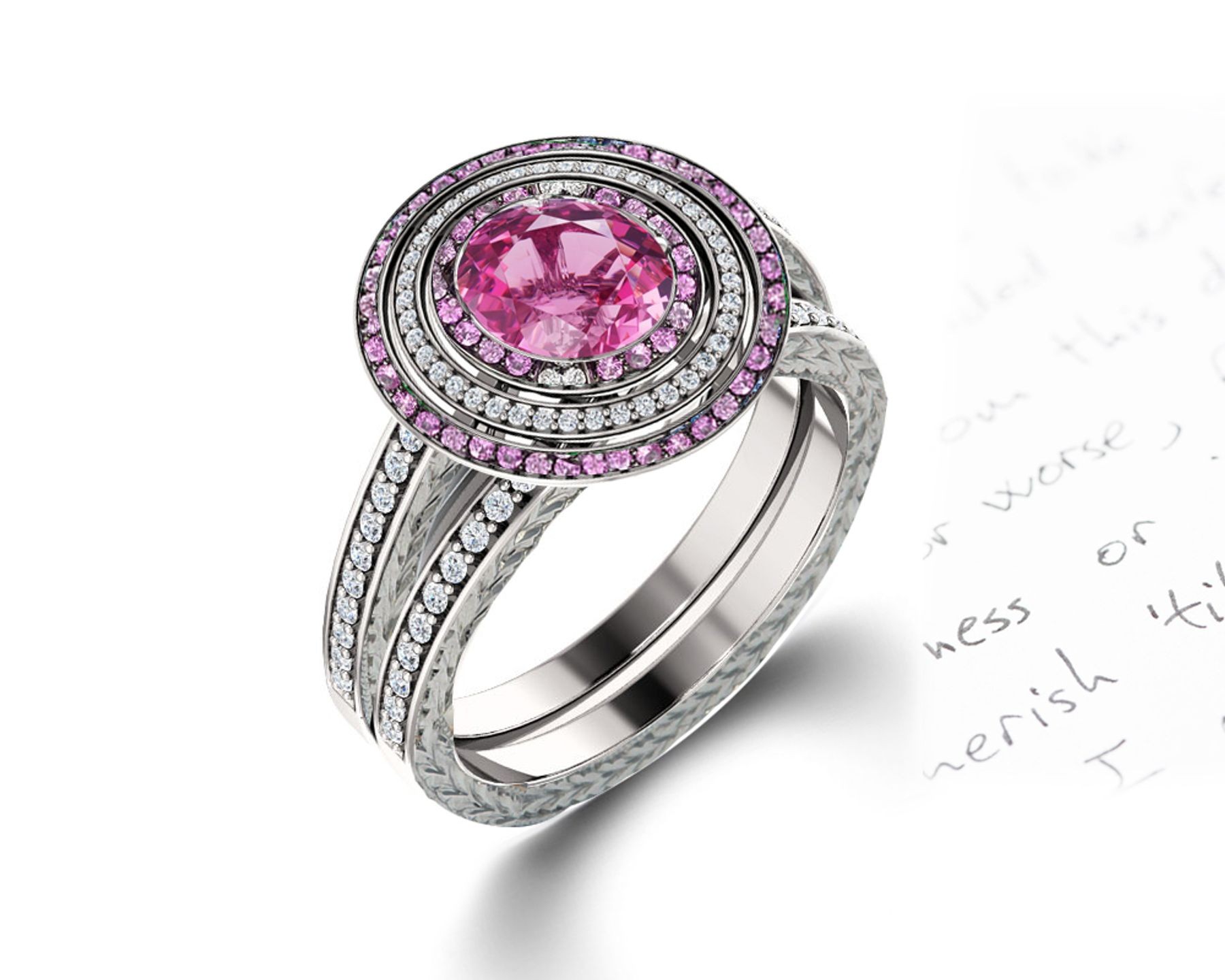 Delicate Micro Pave Halo Vivid Pink Sapphires & Brilliant-Cut Round Diamonds Designer Engagement Rings