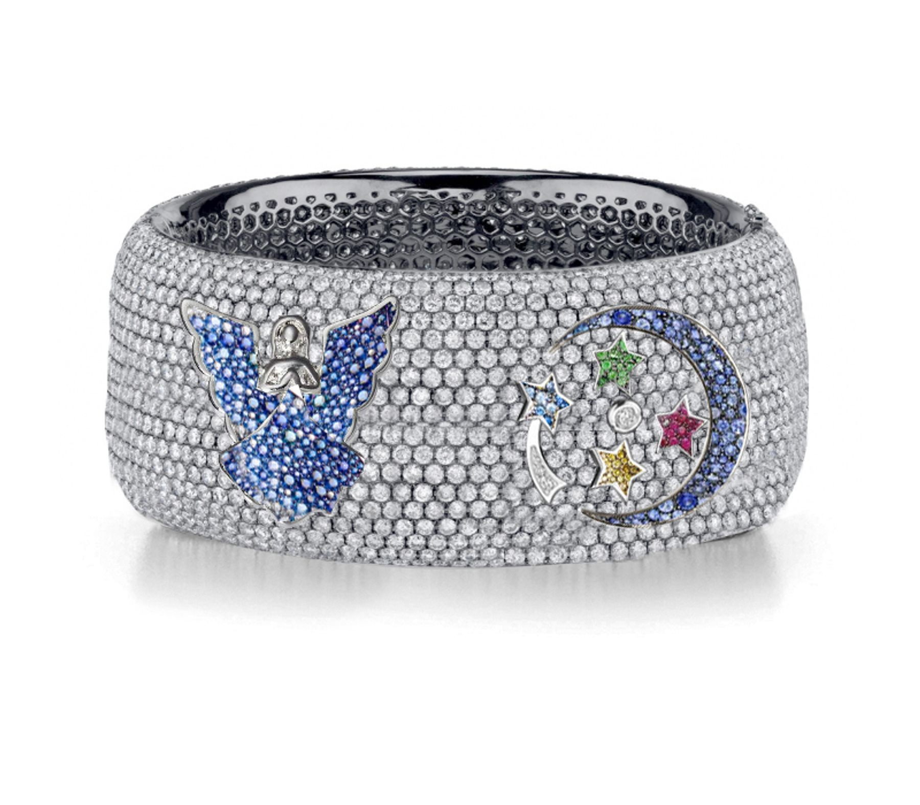 Delicate French pavee Sparkling Brilliant-Cut Round Diamonds & Vivid Multi-Colored Precious Stones Eternity Rings & Bands Featuring Fairy, Moon & Stars
