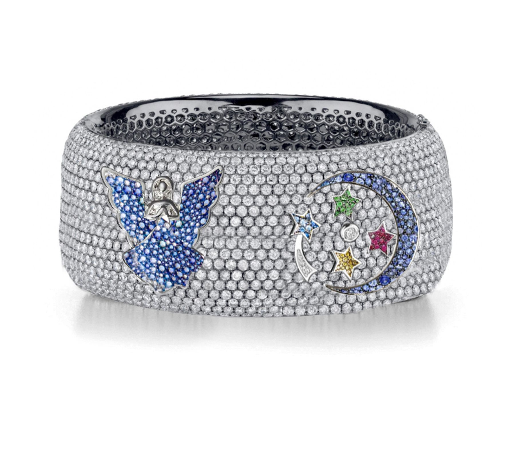 Delicate French pavee Sparkling Brilliant-Cut Round Diamonds & Vivid Multi-Colored Precious Stones Eternity Rings & Bands Featuring Fairy, Moon & Stars