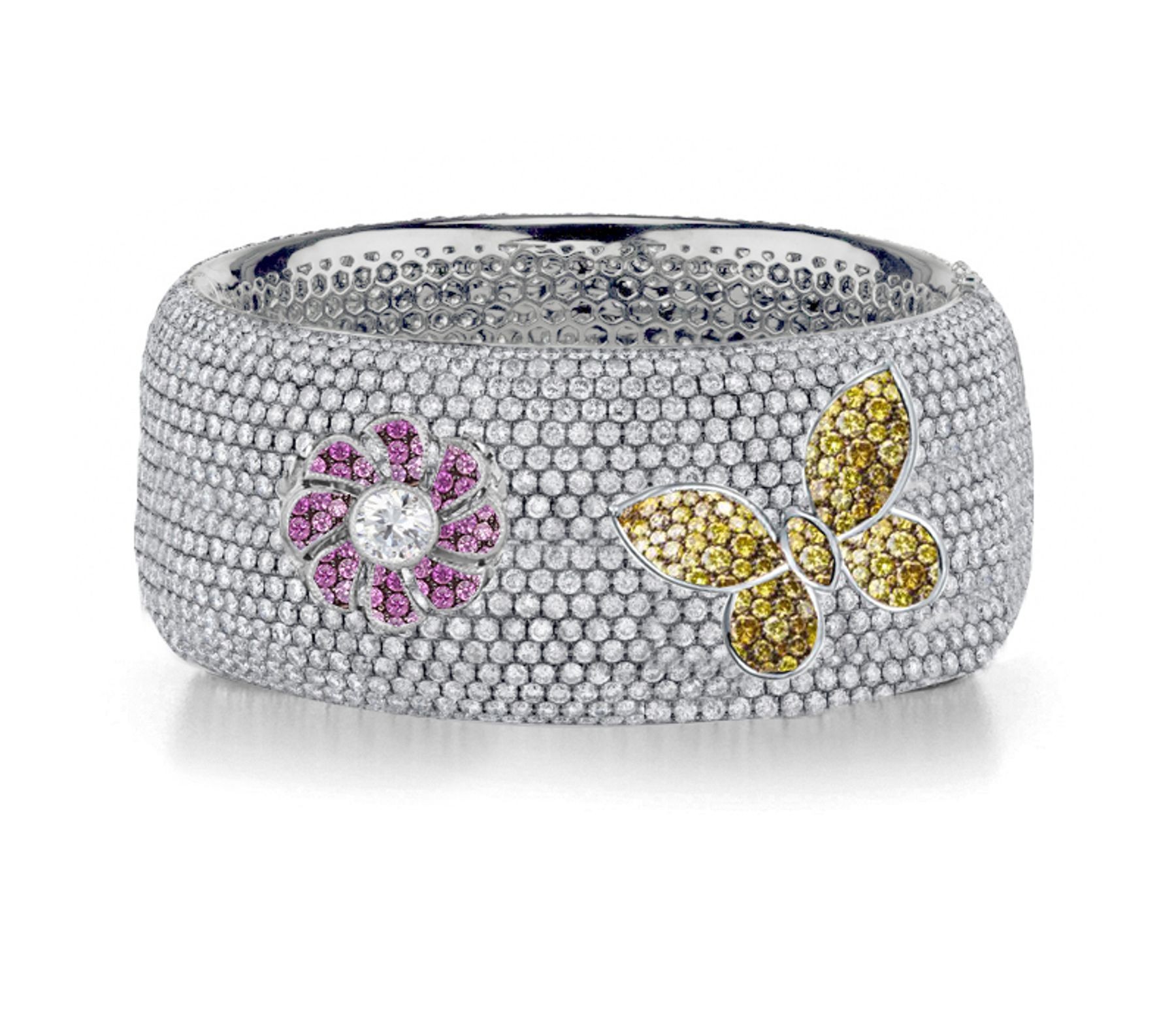 Delicate French pavee Sparkling Brilliant-Cut Round Diamonds & Vivid Multi-Colored Precious Stones Eternity Rings & Bands Featuring Vintage Flowers & Butterflies