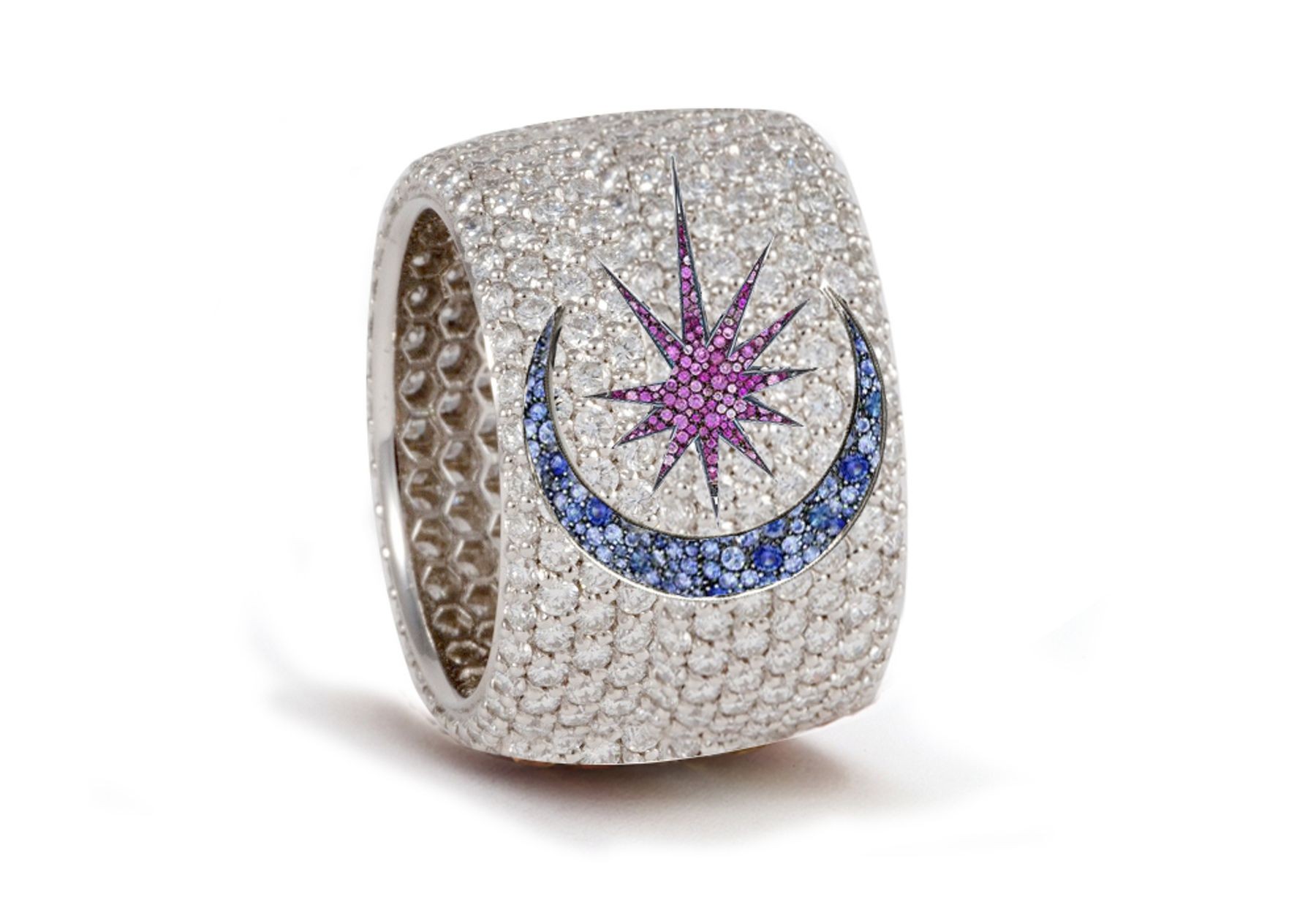 Delicate French pavee Sparkling Brilliant-Cut Round Diamonds & Vivid Multi-Colored Precious Stones Eternity Rings & Bands Featuring Celestial Moon & Stars