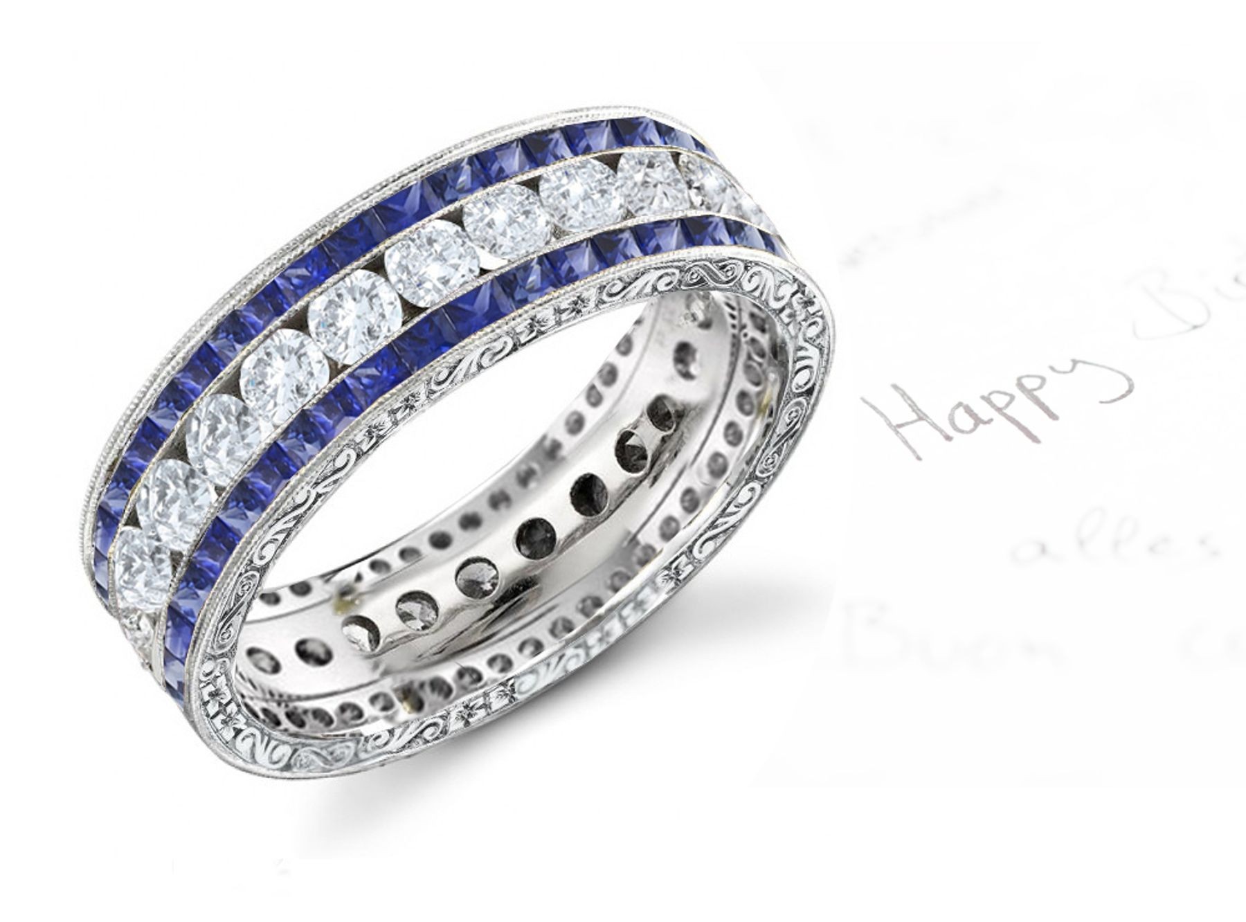 6 mm Wide Vibrant Square Blue Sapphire & Glittring Diamond Wedding Band
