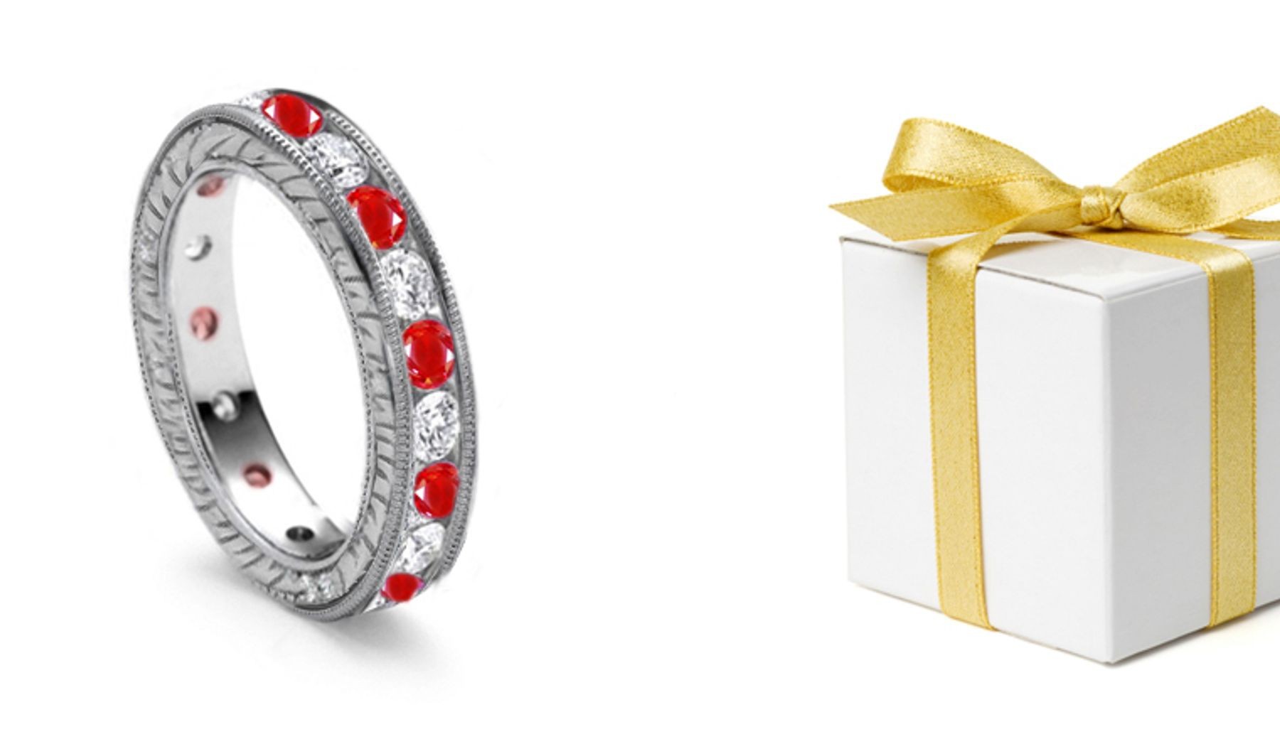 Precious Promises: Stunning Round Diamond & Ruby Eternity Ring With Sides Engraved in Gold