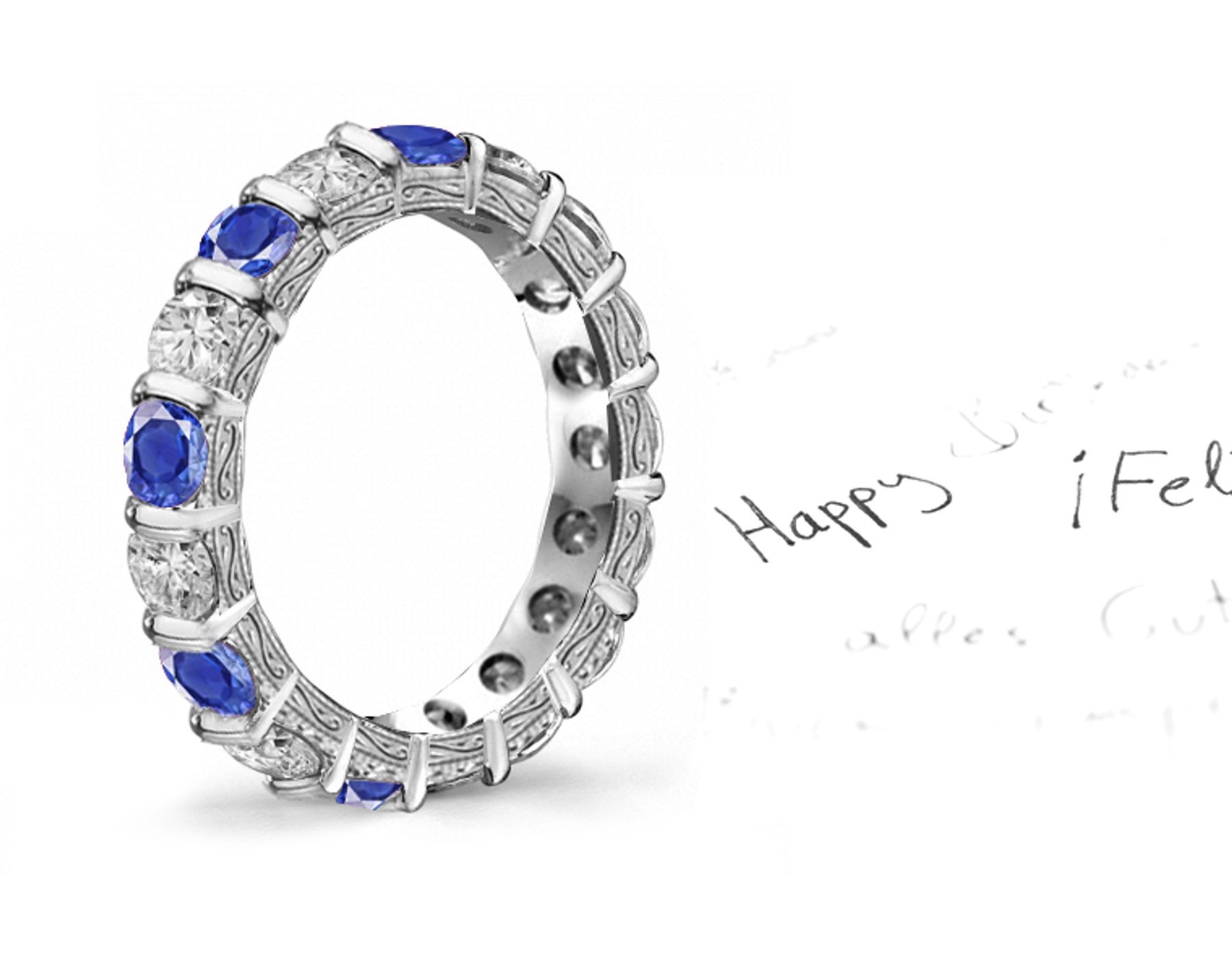 Scrolls & Motifs Decorated Sapphire & Diamond Platinum Band 1 to 4 cts