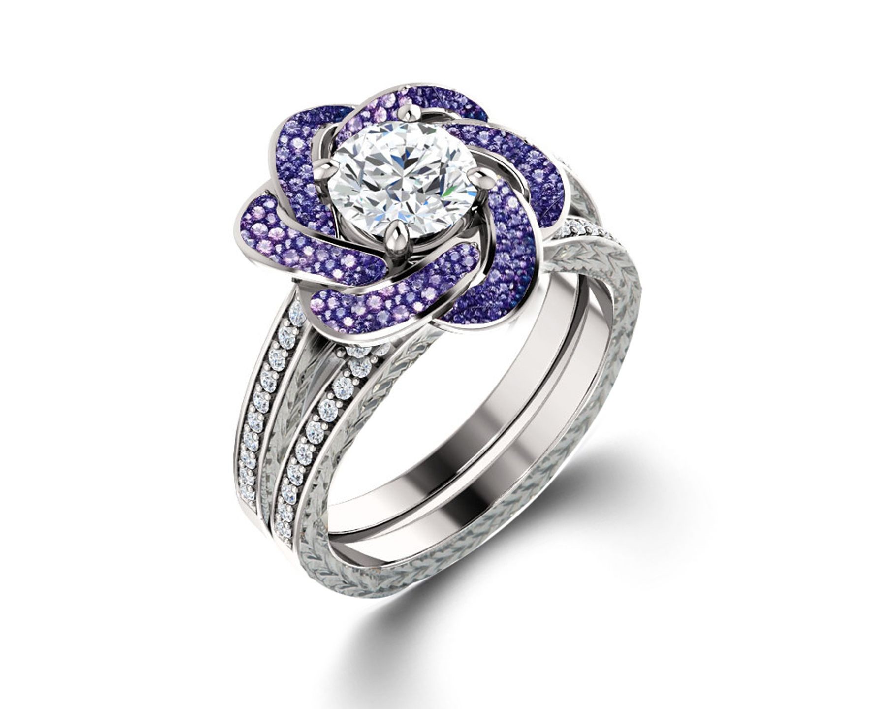 Delicate Micro Pave Halo Vivid Flower Purple Sapphires & Brilliant-Cut Round Diamonds Designer Engagement Rings