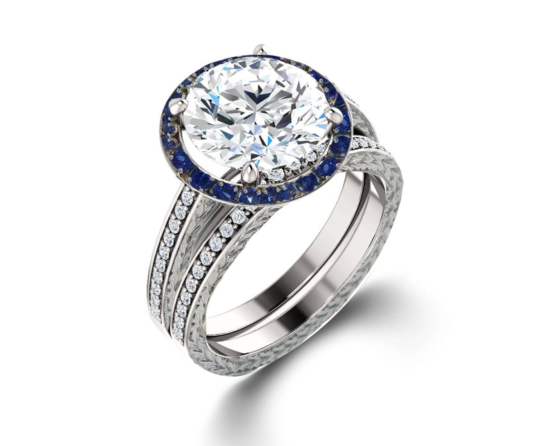 Delicate Micro Pave Halo Vivid Blue Sapphires & Brilliant-Cut Round Diamonds Designer Engagement Rings