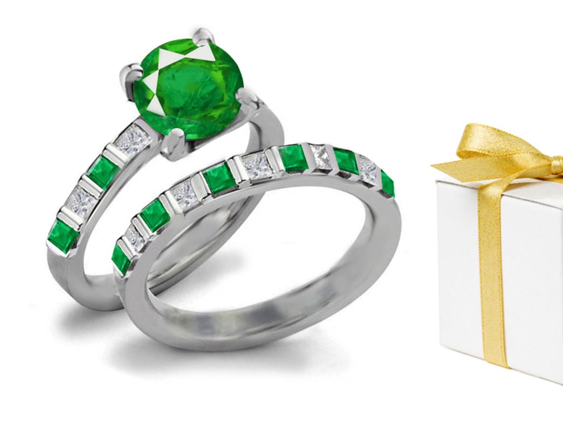 Prices Are According To Actual Weight: Precious Gemstone Bar Set Dark Green Round Emerald & Diamond Ring in 14k White Gold