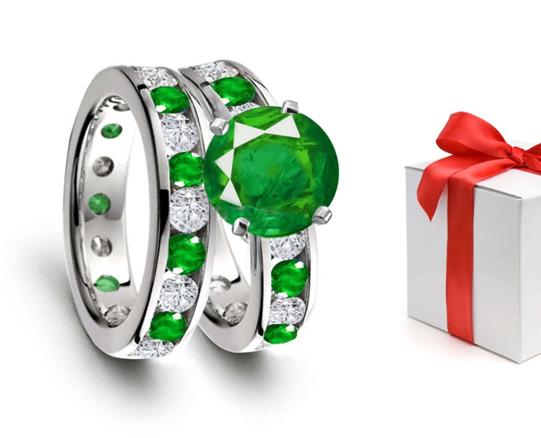Made And Sold Only By: In Modern Times A Great Channel Set Green Emerald Diamond Ring in 14k White Gold & Platinum