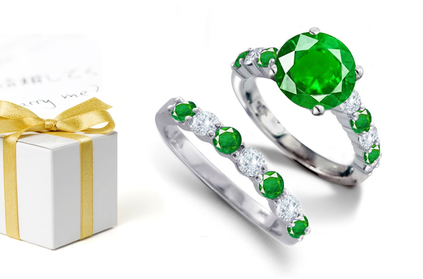 A Not only Richly Created Vibrant Young Woman Emerald & Diamond Engagement Ring But Also Diamond Emerald Band