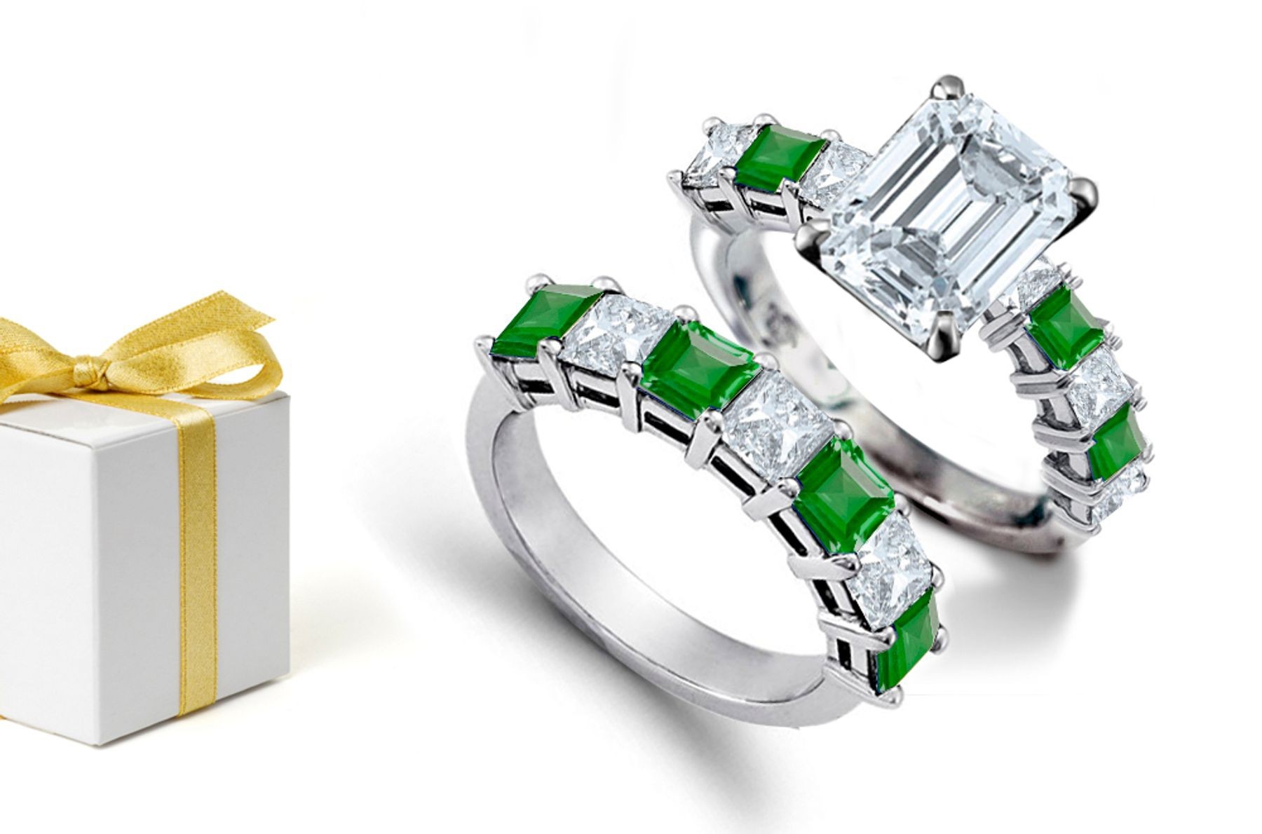 May Birthstones: This ring has a Emerald Cut Diamond, in Center and Square Emerald & Gold Ring and A Princess Cut Diamond, Emerald Band