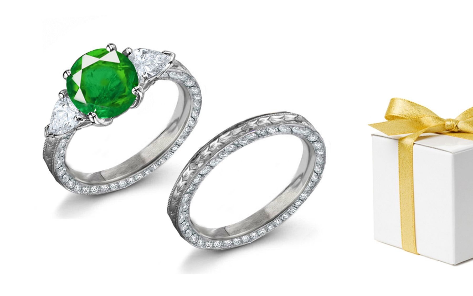Timeless & Eternal 3 Stone Square Gemstone Emerald & Pear Cut Diamond Halo Ring & Gold Halo Diamond Band