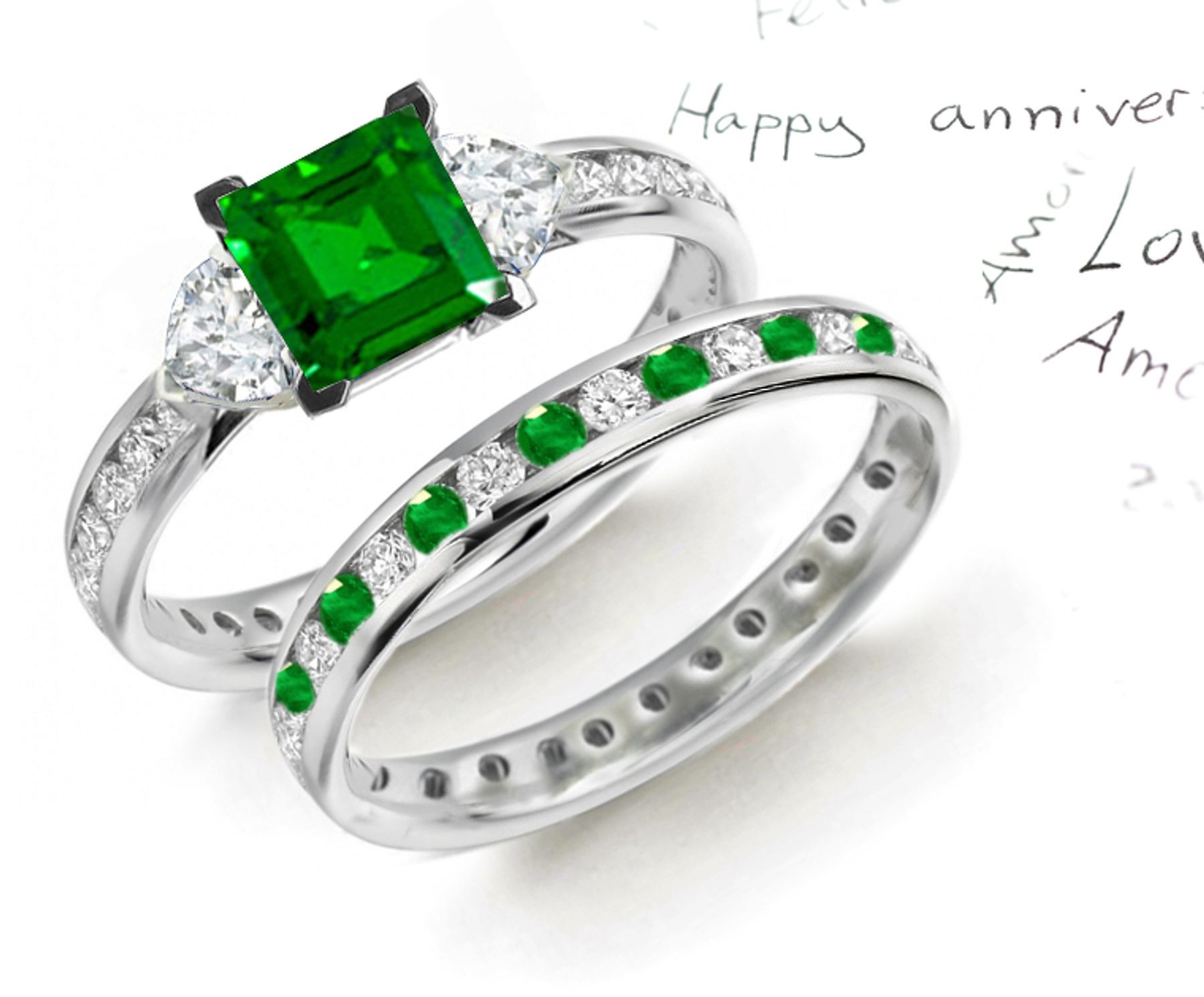 MANY DESIGNS ADDED TO THE STOCK: 3 Stone Square Emerald & Heart Diamond Ring & Emerald Band