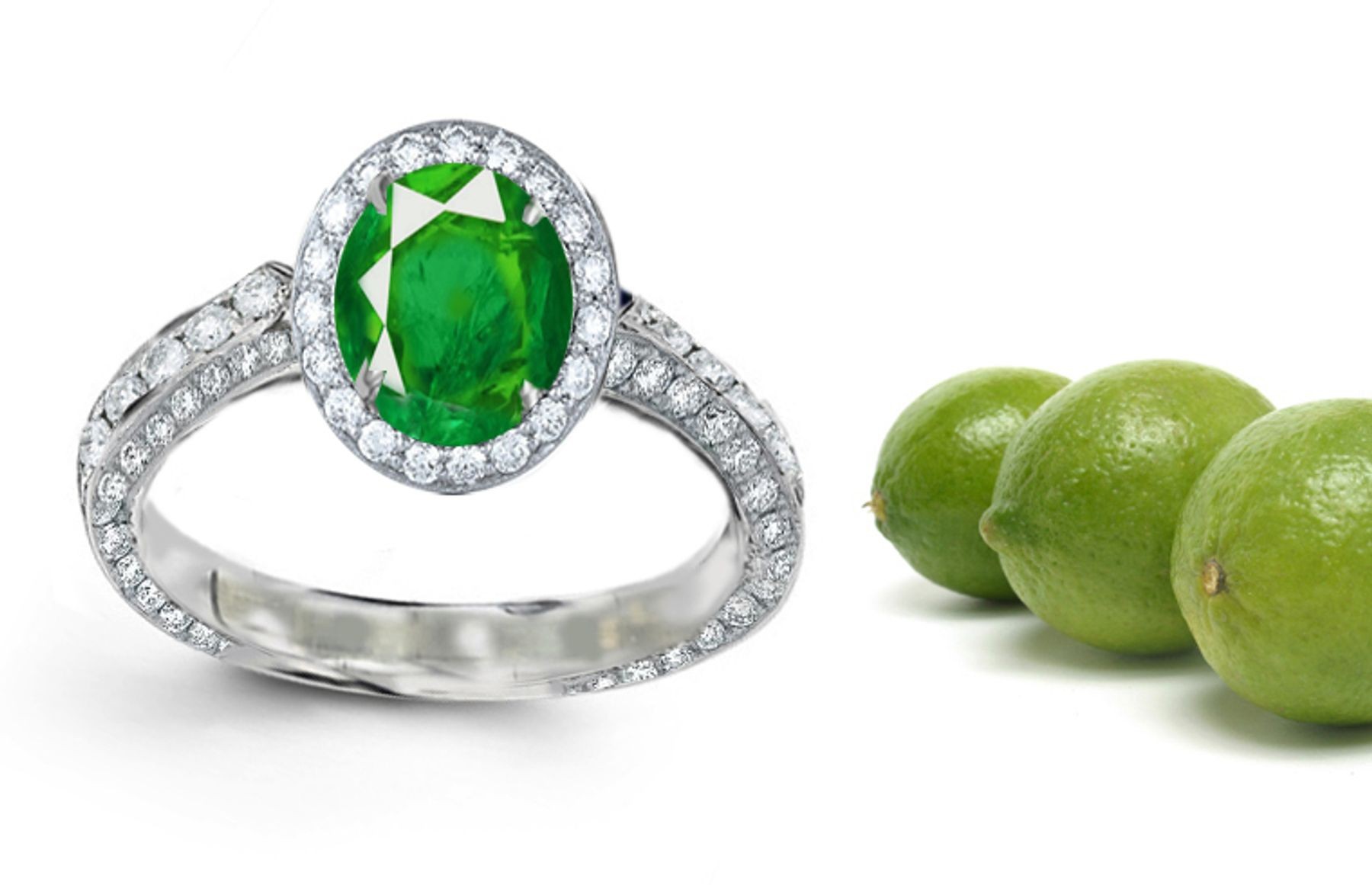 Three-stone Diamond Rings: This is a Special Design Ring: Oval Cut Emeralds & Diamond Halo & Micropav Makes It Singular