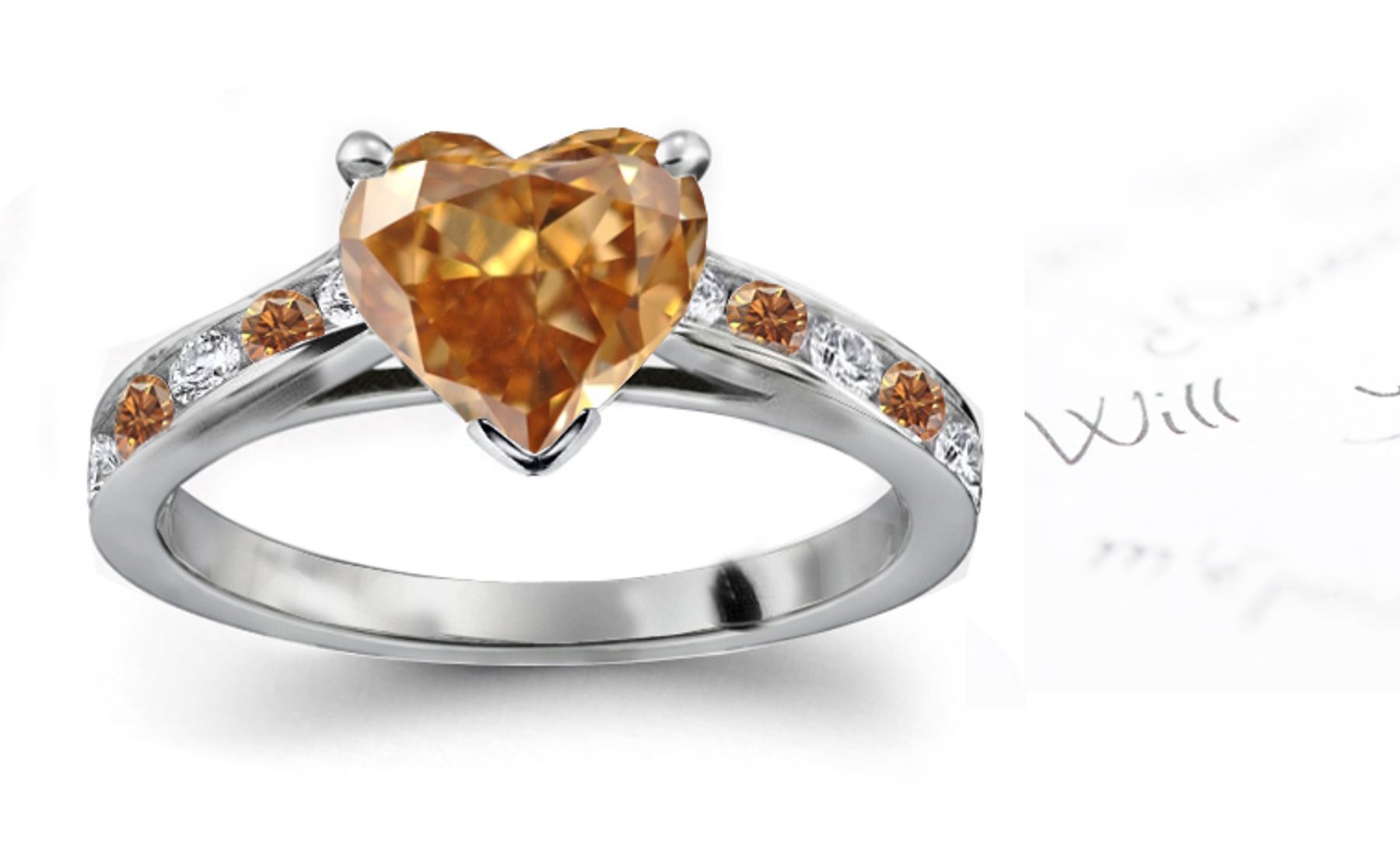 Center Heart Brown Diamond Channel Set Contrasted White & Brown Diamonds Gold Engagement Ring