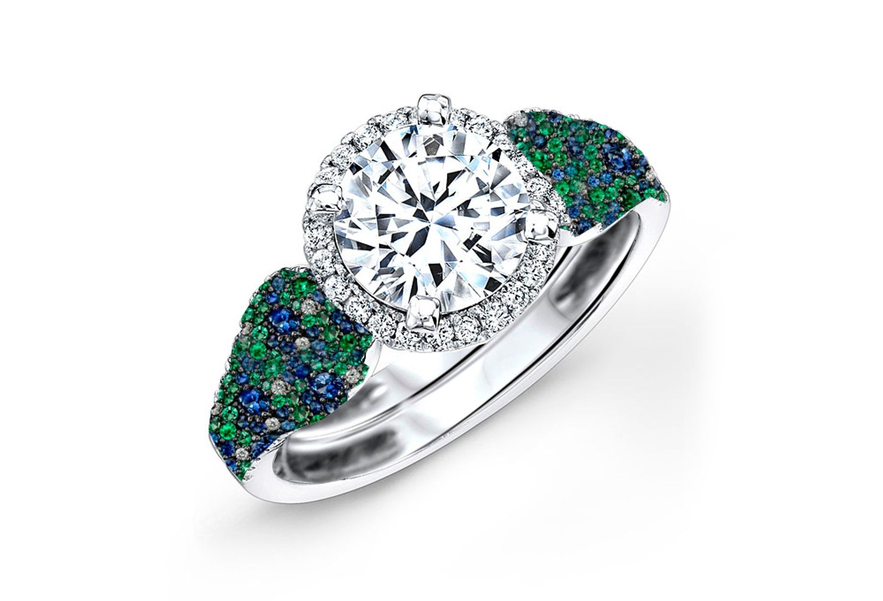 Made To Order Rings With French Pave Halo Brilliant Cut Round Diamonds & Emeralds