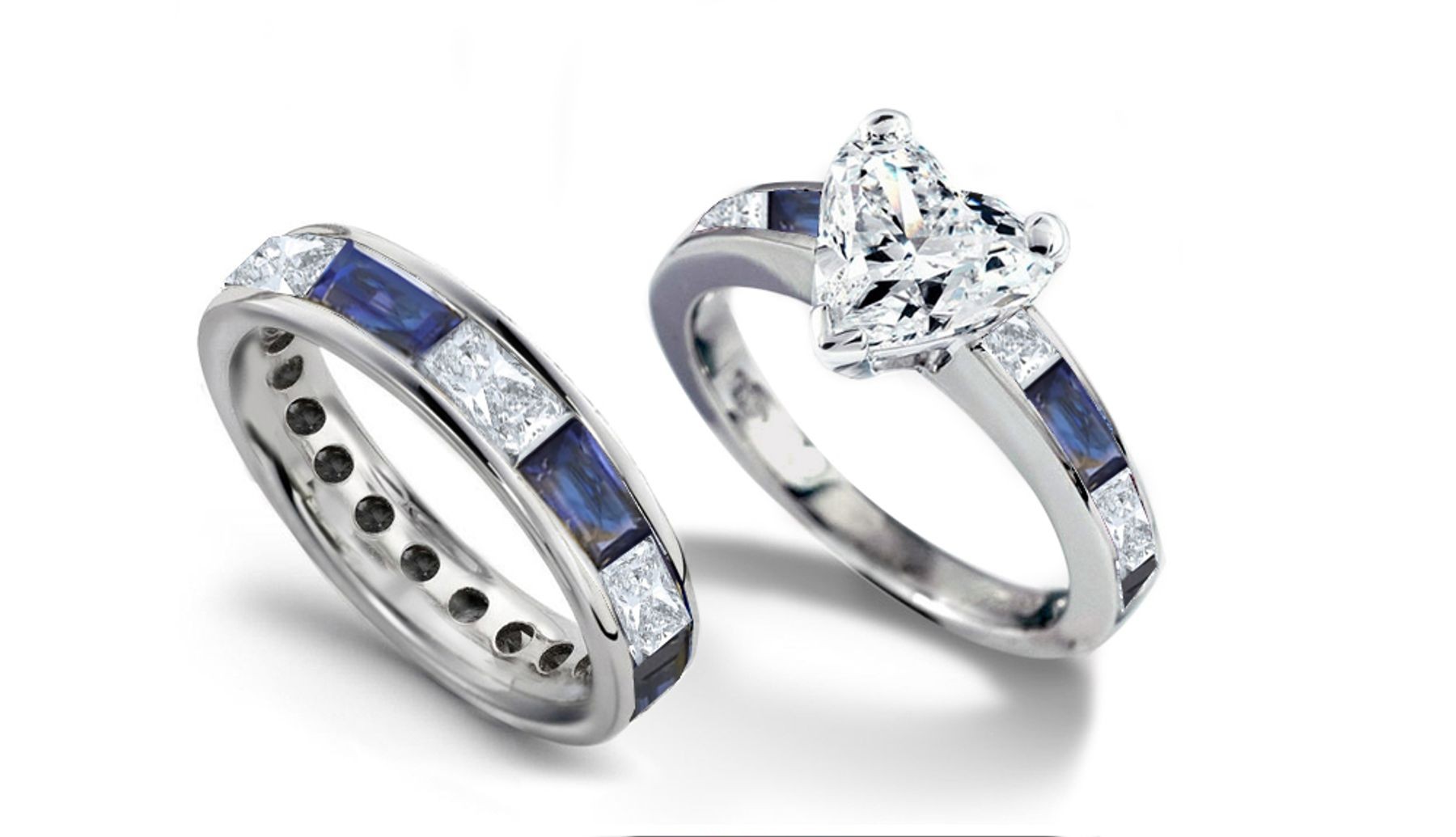 Heart Diamond & Baguette Sapphire & Diamond Accents Engagement Ring & Sapphire Diamond Wedding Ring