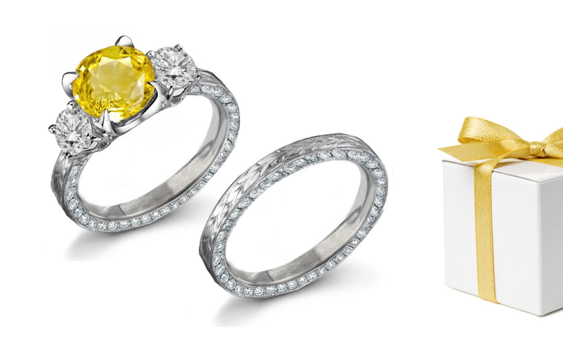 Hand Engraved: Yellow Sapphire & Diamond Ring