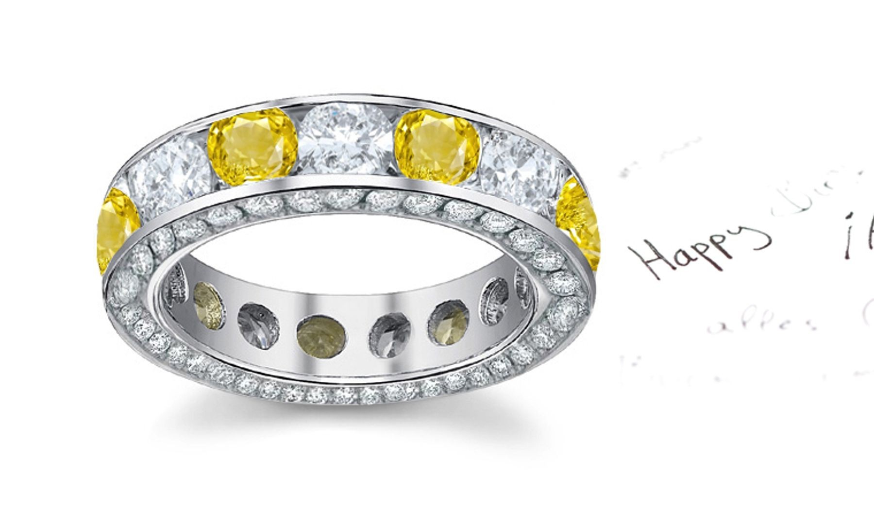 A Designer Diamond Yellow Sapphire Eternity Band Glowing in Sun Light