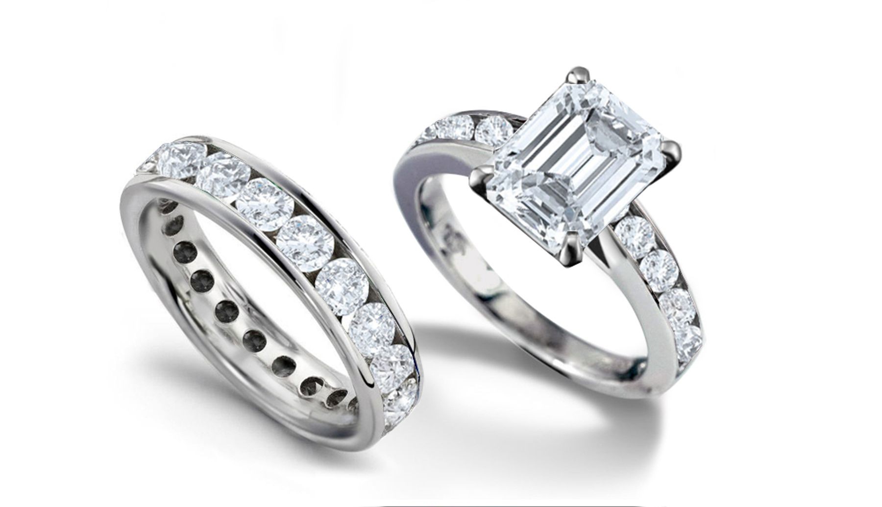 Truly Unique Emerald Cut Diamond Engagement Ring & Diamond Wedding Band