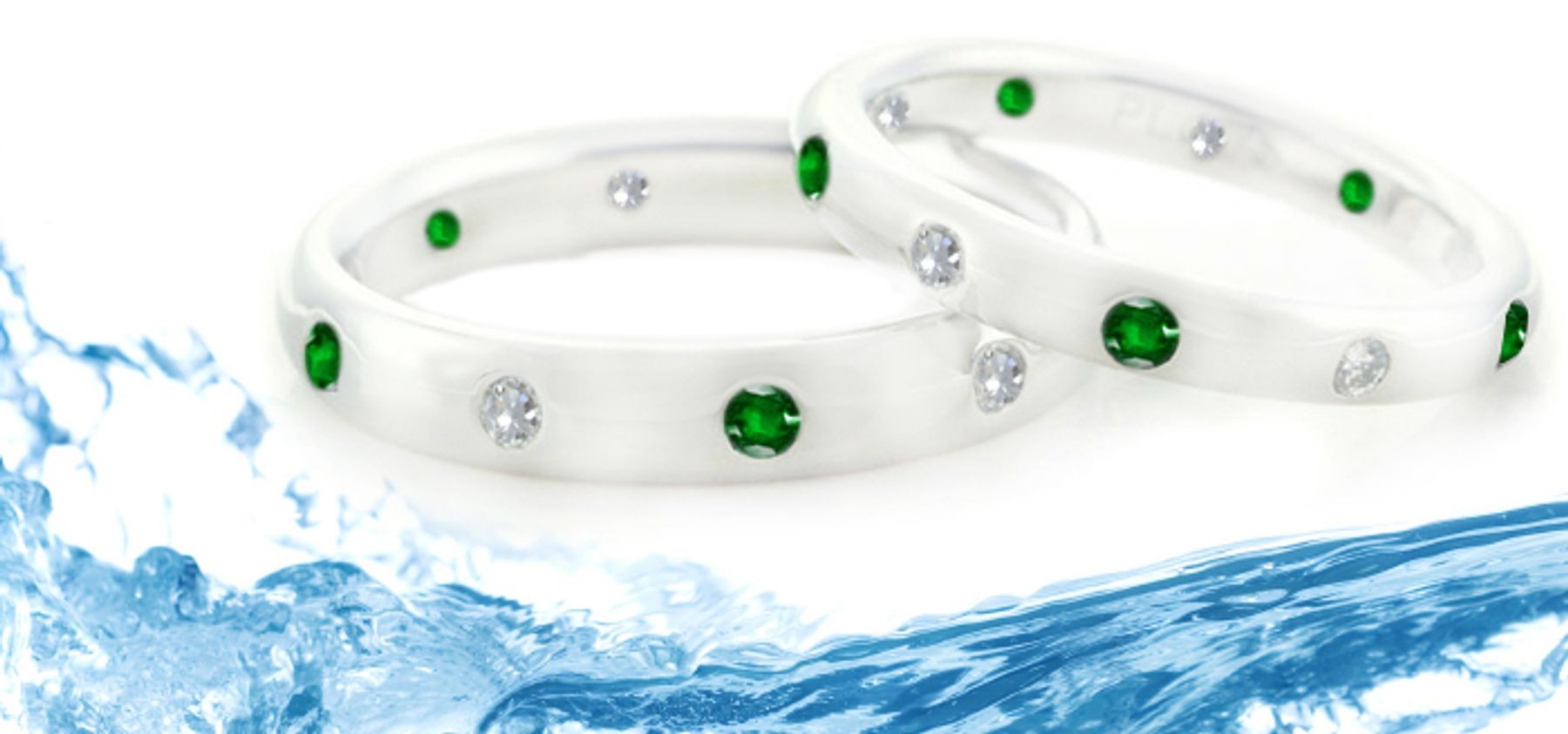 Emerald Eternity Ring: Classic Tiffany Style Deep Green Emerald and Diamond Rounds Burnish Set in 14K White Gold
